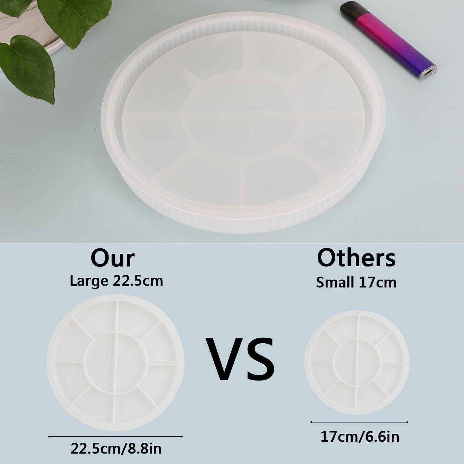Vergleichsbild mit einem großen runden Kunststoffdeckel mit der Beschriftung „Unser Großer 22,5cm" versus einem kleineren Deckel mit der Beschriftung „Andere Klein 17cm"", mit Größenmessungen und „VS"" in der Mitte.