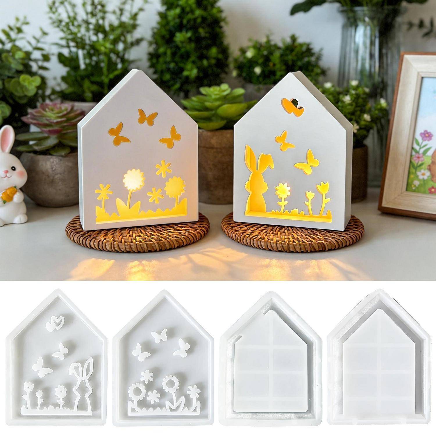 Zwei hausförmige LED-Papierlaternen leuchten mit Schmetterlings- und Blumenausschnitten auf geflochtenen Unterlagen, die nachfolgend in Vorder- und Rückansicht gezeigt werden.
