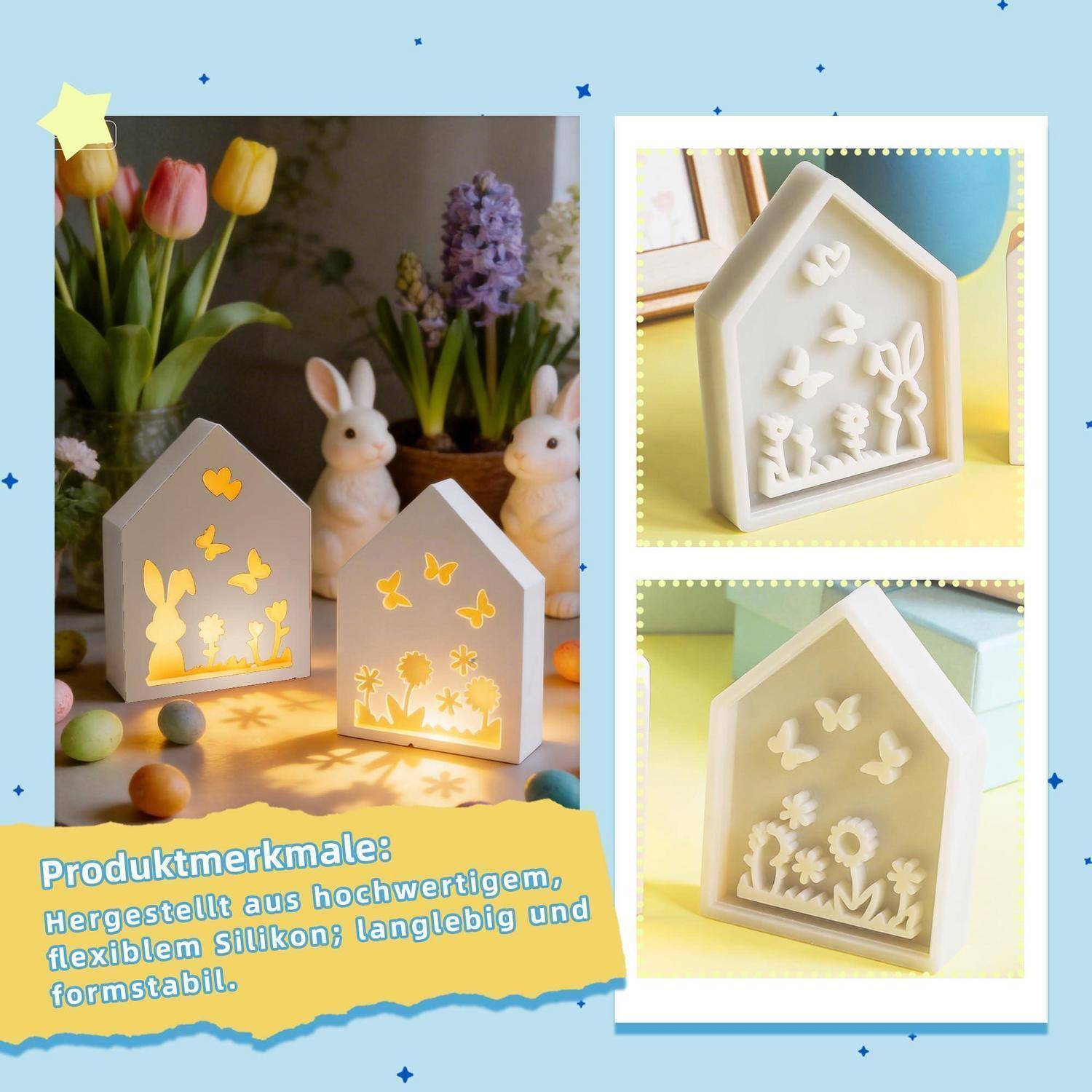 Werbecollagen von silikon-haushaltförmigen Teelichthaltern mit Schmetterlings- und Blumenausschnitten, die im Kerzenlicht leuchten; Text sagt „Produktmerkmale: Hergestellt aus hochwertigem, flexiblem Silikon; langlebig und formstabil.