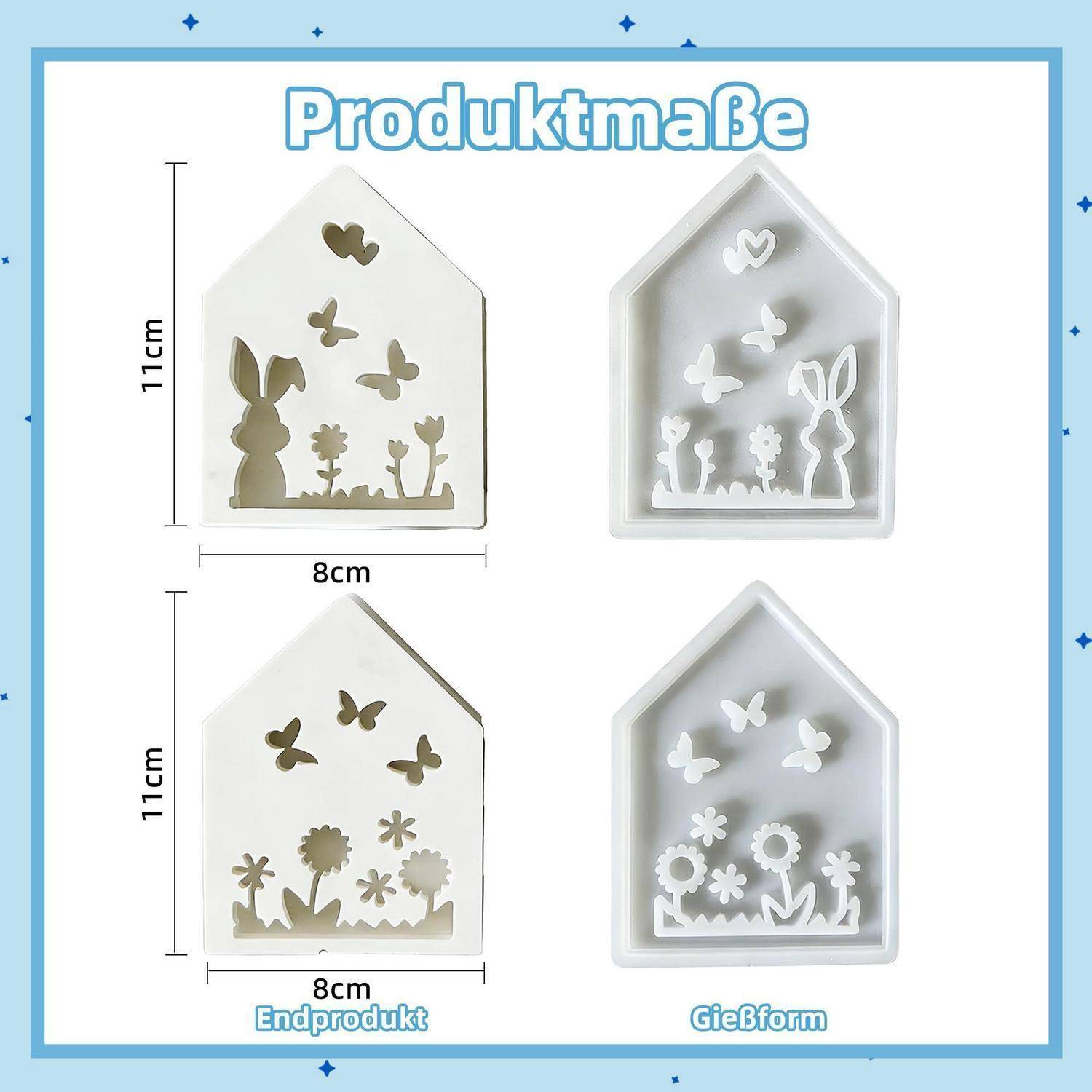 Größentabelle des Produkts mit einer hausförmigen Form: 11 cm hoch und 8 cm breit, mit vier Ansichten mit den Bezeichnungen 