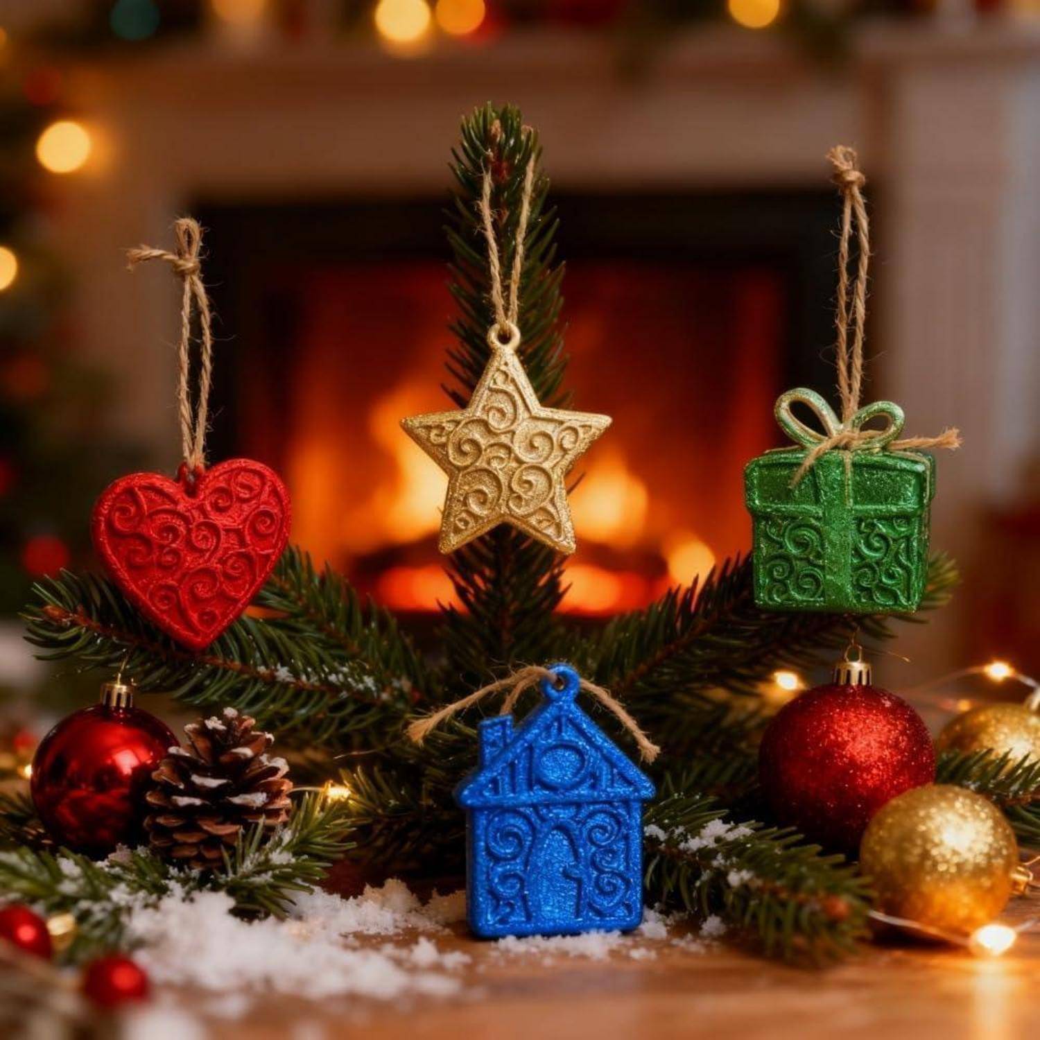 Weihnachtsbaumzweige mit hängenden Ornamenten – ein rotes Herz, ein goldener Stern, ein grünes Geschenk und ein blaues Haus – vor einem leuchtenden Kamin mit Schnee und Lichtern aufgestellt.