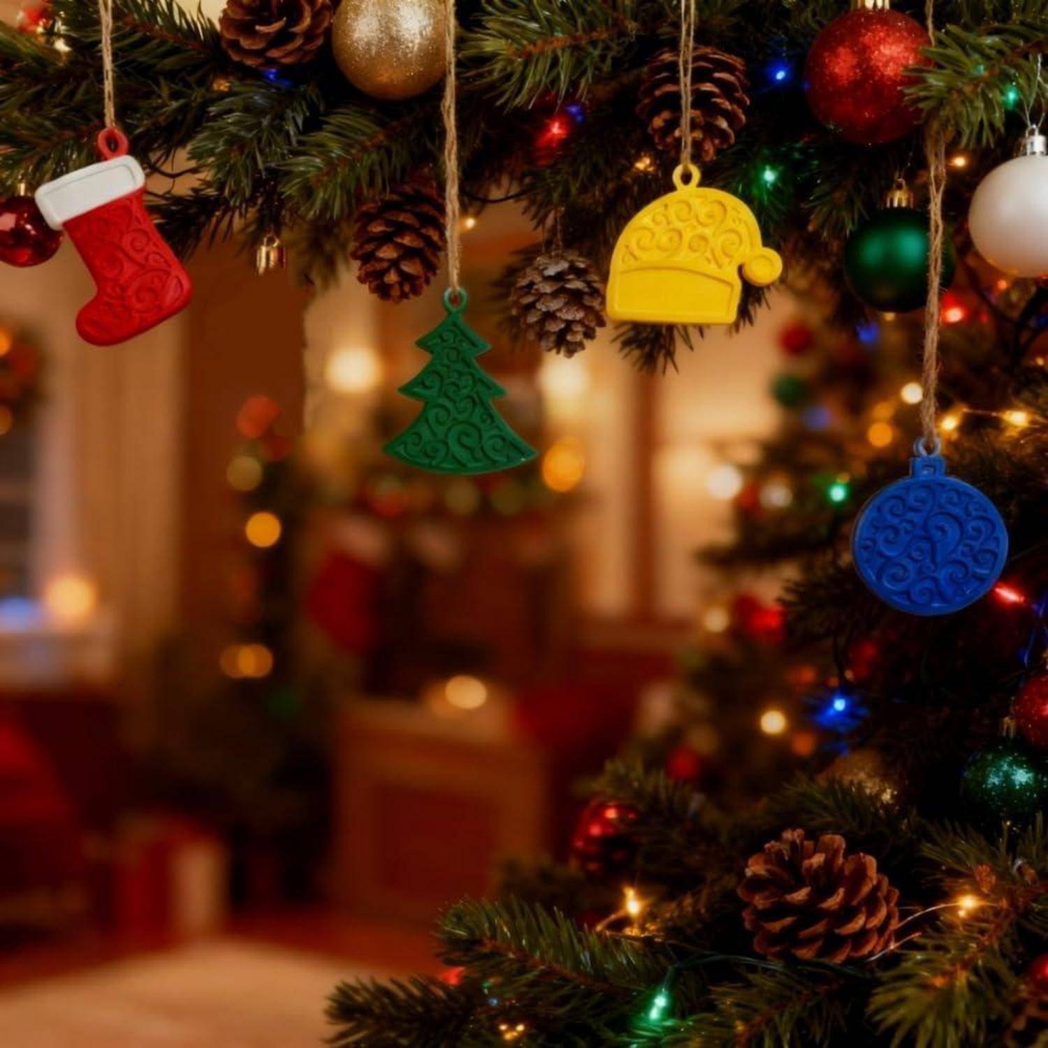 Weihnachtsbaumzweige mit Tannenzapfen, Lichtern und farbenfrohen hängenden Dekorationen in einer festlichen Innenumgebung.