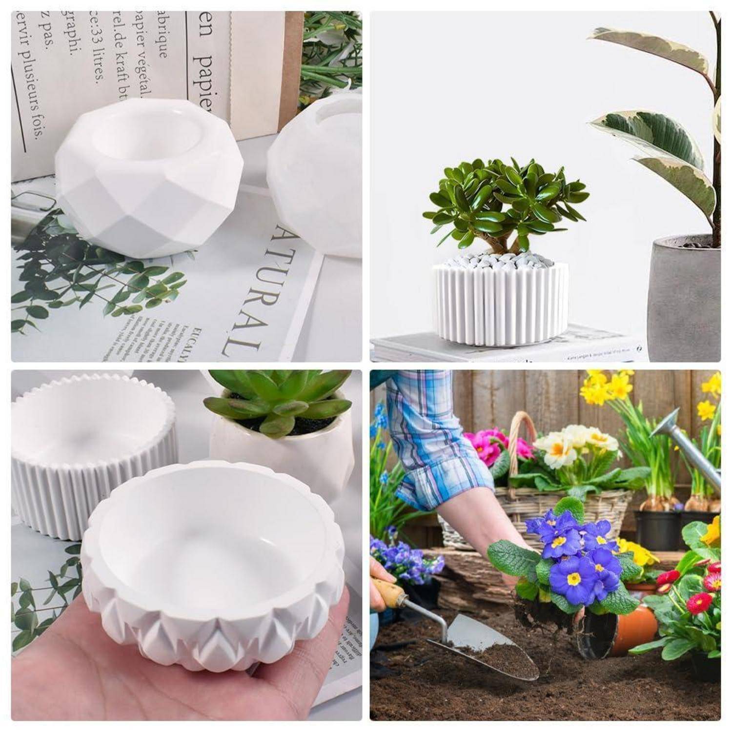 Collage aus weißen geometrischen Keramik-Blumenkübeln mit Sukkulenten und einer Person, die mit einer Schaufel Blumen gärtnert.