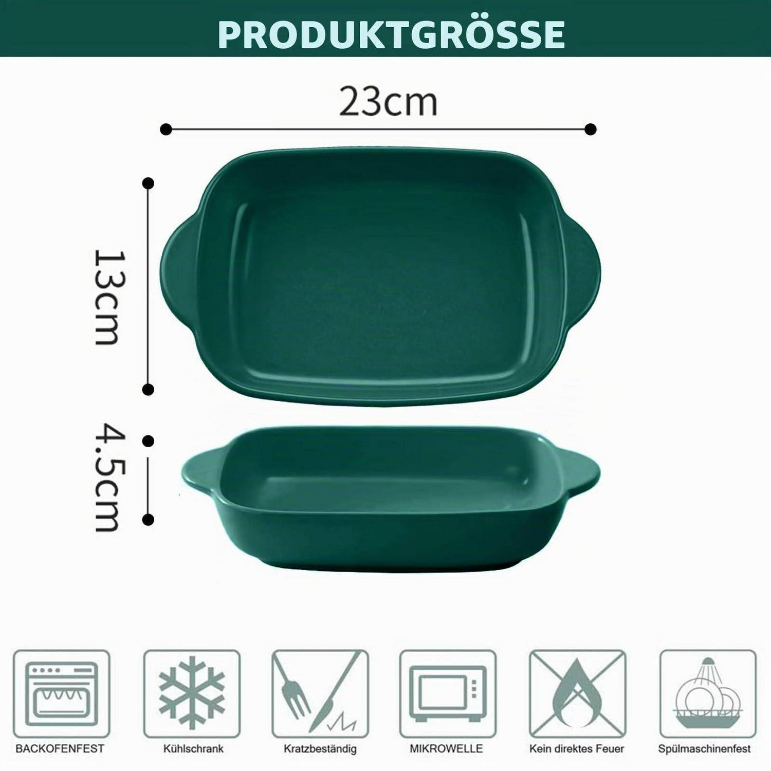 Grüne rechteckige Auflaufform mit den Abmessungen 23 cm breit, 13 cm lang und 4,5 cm tief; Symbole zeigen Ofen-, Gefrierschrank-, Mikrowellen- und Spülmaschinen-geeignet, kein direktes Feuer.