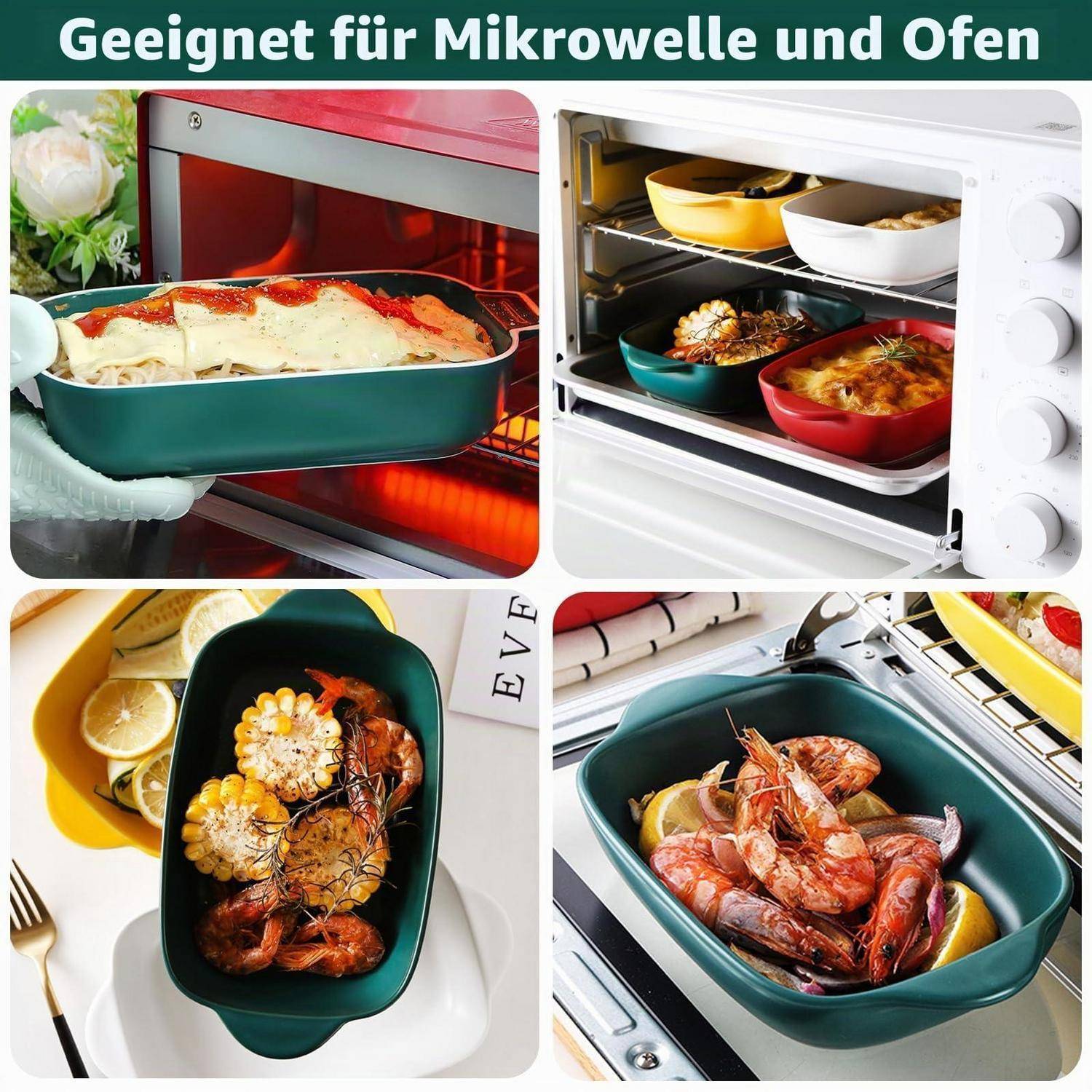 Collage mit einer grünen Auflaufform, die in der Mikrowelle und im Ofen für gebackene Lasagne und Meeresfrüchte verwendet wird, mit der Bezeichnung „Geeignet für Mikrowelle und Ofen" (geeignet für Mikrowelle und Ofen).