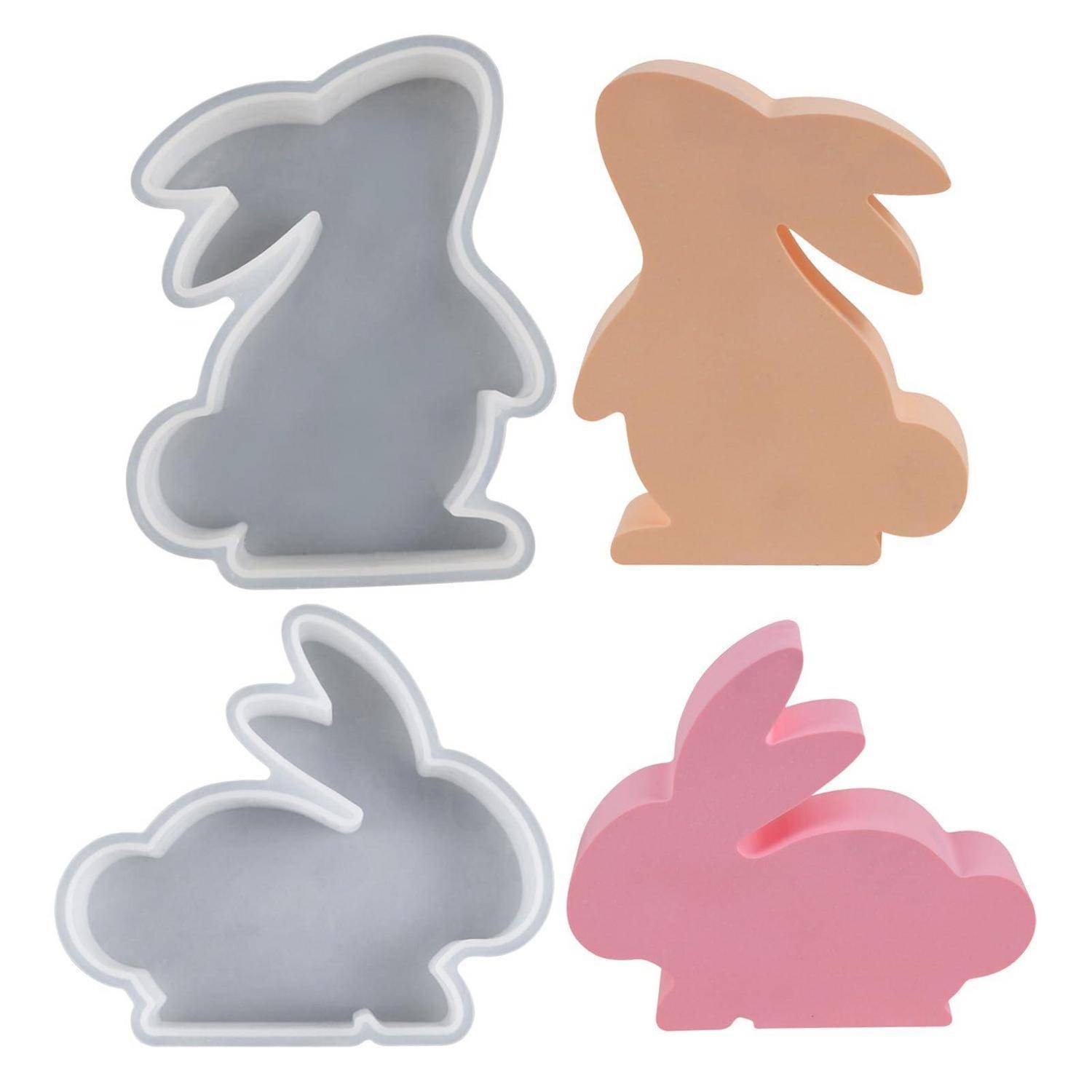 Vier kaninchenförmige Ausstechformen oder Formen in Grau, Beige, Grau und Rosa in einem 2-mal-2-Raster auf weißem Untergrund angeordnet.