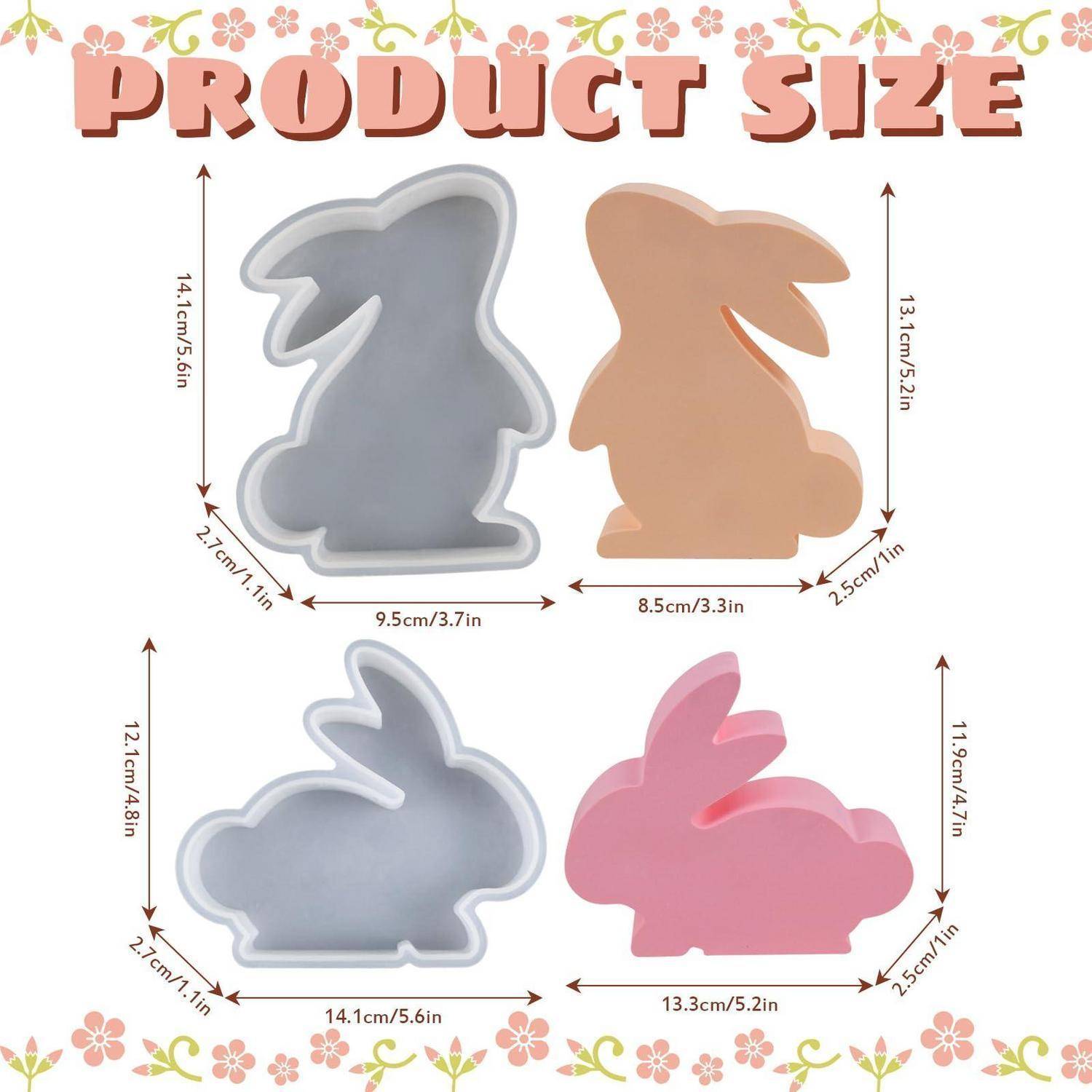 Produktgrößentabelle mit vier kaninchen-förmigen Formen in Grau, Beige, Blaugrau und Rosa mit beschrifteten Abmessungen in cm und Zoll.