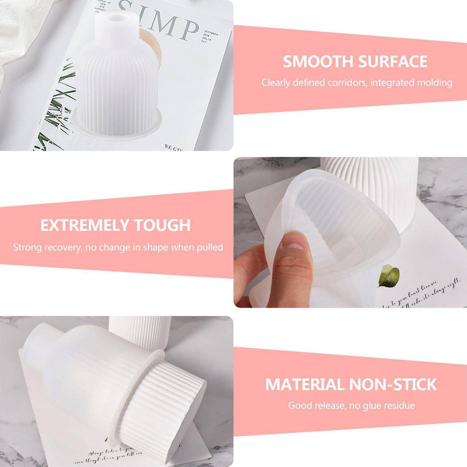 Collage einer weißen gerippten Kunststoffbecher mit Produktmerkmalen: glatte Oberfläche, äußerst robust und Material mit Antihaftbeschichtung und einfacher Entformung.