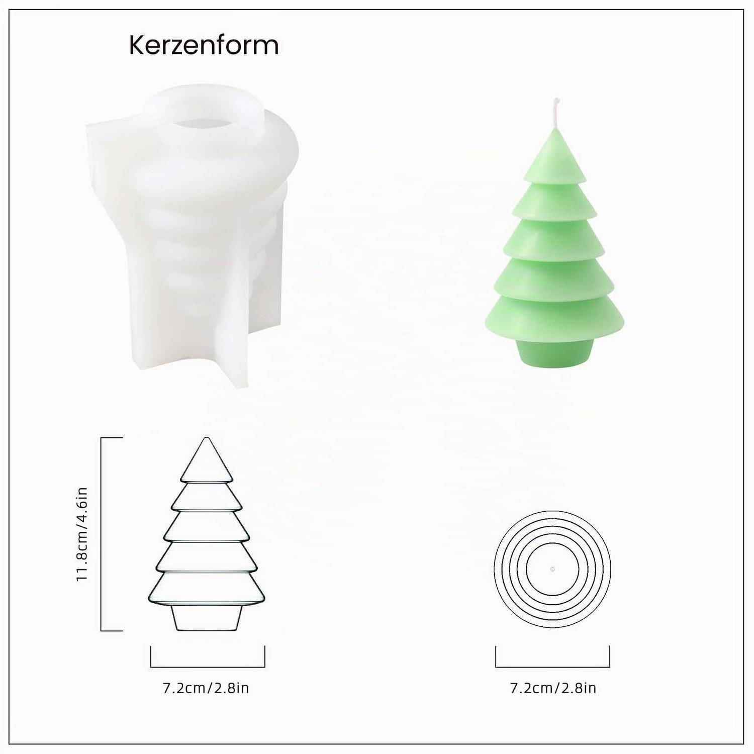 Diagramm einer weihnachtsbaumförmigen Kerzenform mit der Bezeichnung „Kerzenform", das eine weiße Form, eine grüne fertige Kerze, eine Seitenansicht und eine Draufsicht mit den Abmessungen 11,8 cm Höhe und 7,2 cm Breite zeigt.