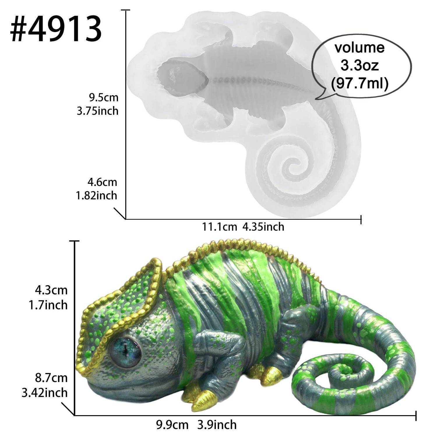 Illustrierte Größentabelle für eine grün gestreifte Chamäleon-Figur mit zwei Ansichten und Abmessungen von 11,1 x 9,5 x 4,6 cm und 9,9 x 8,7 x 4,3 cm, Volumen 3,3 oz (97,7 ml).