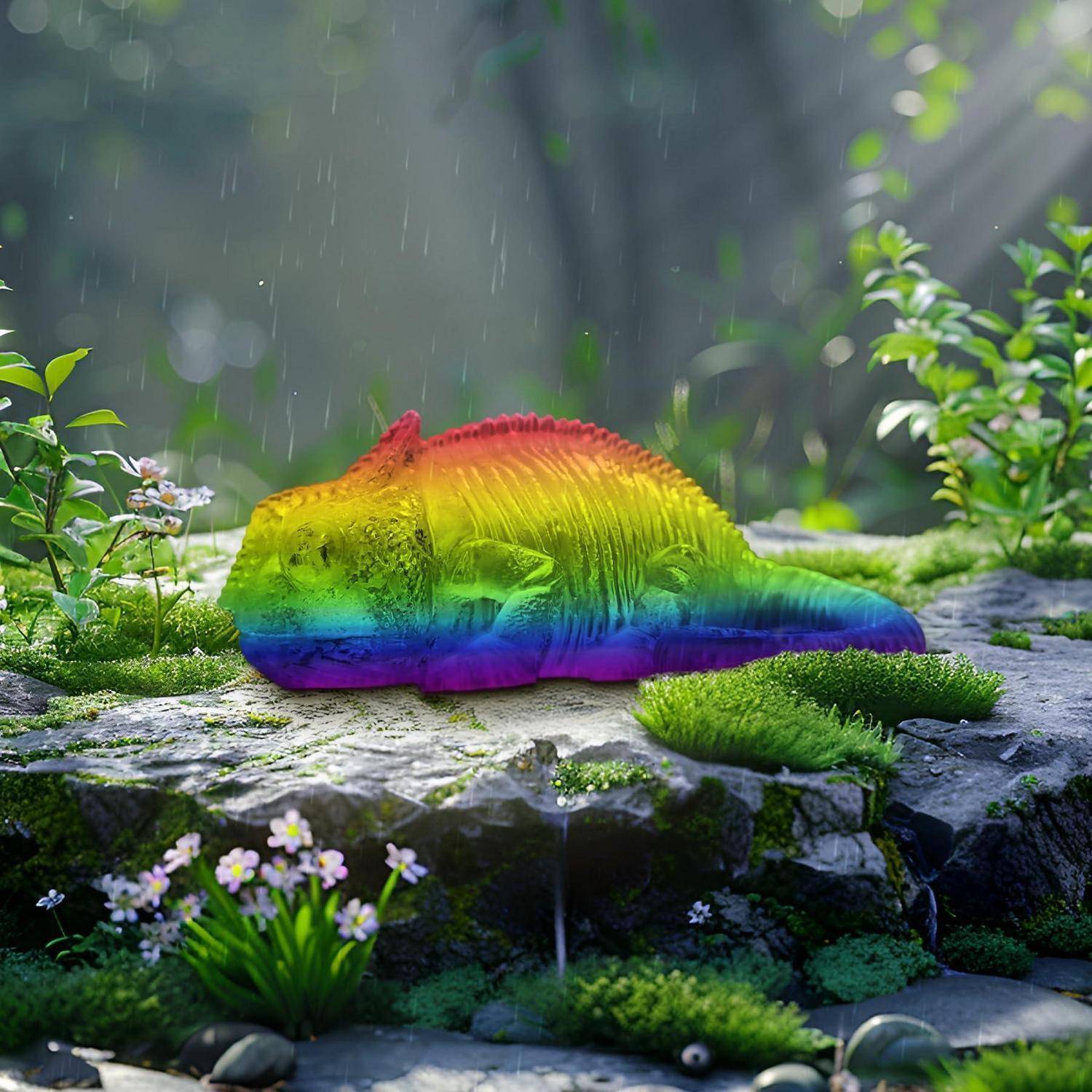 Regenbogenfarbene Schnecke ruht auf einem moosigen Stein im Regen, umgeben von kleinen Blumen und Grün in einer gartenähnlichen Umgebung.