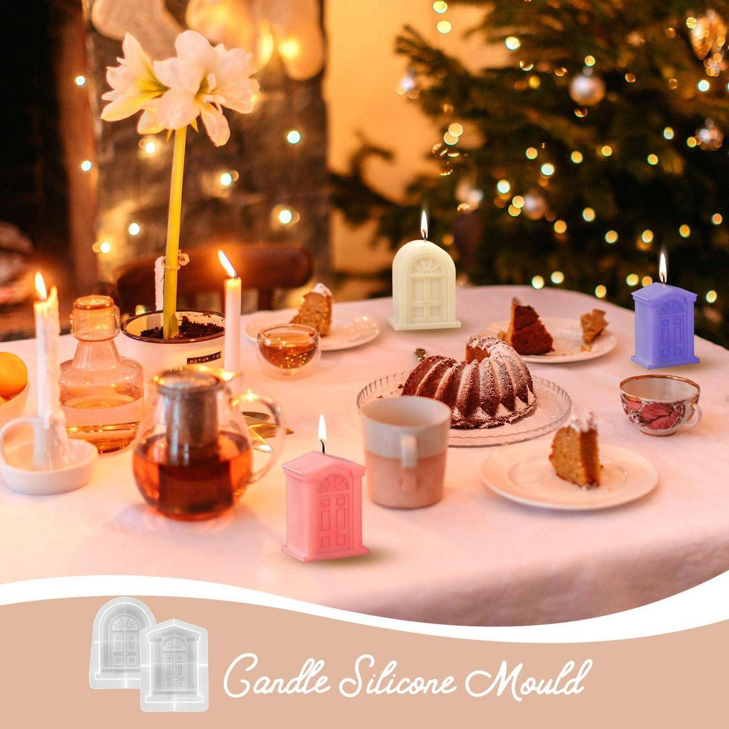 Dekorierter Dessert-Tisch mit brennenden Kerzen, Kuchenstücken und farbigen Mini-Hausmold-Formen; Text lautet „Gandle Silicone Mould".