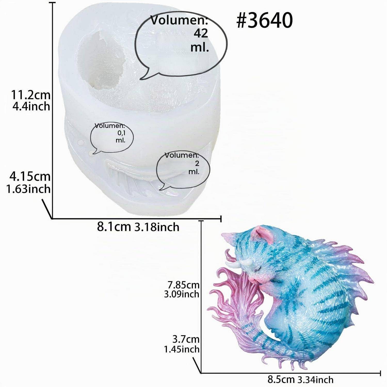 Produktgrößen-Diagramm, das eine durchscheinende Seepferdchen-Form zeigt, 11,2 cm hoch und 8,1 cm breit, mit Volumen-Beschriftungen von 0,1 ml bis 42 ml, plus die fertige blauviolette Seepferdchen-Figur, 8,5 cm breit.
