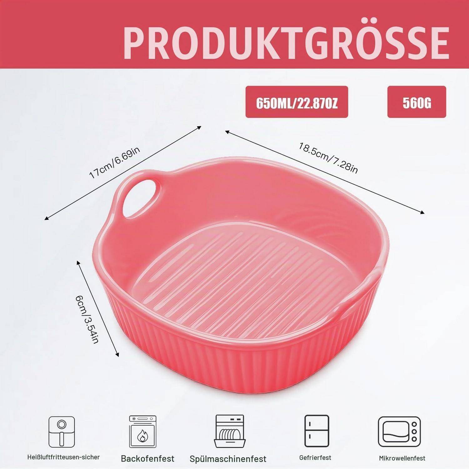 Rosa quadratische Backform mit Griff, beschriftet mit „PRODUCT SIZE