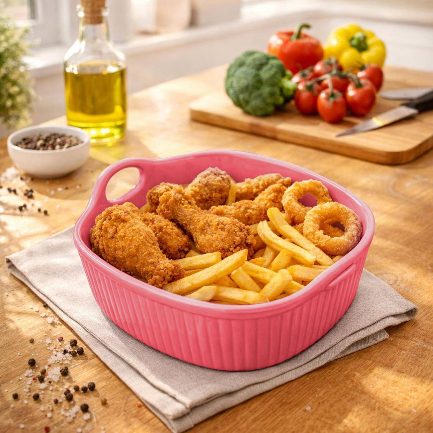 Rosa Servierschüssel gefüllt mit gebratenem Hähnchen, Pommes frites und Zwiebelringen auf einem Küchentisch, mit frischem Gemüse im Hintergrund.