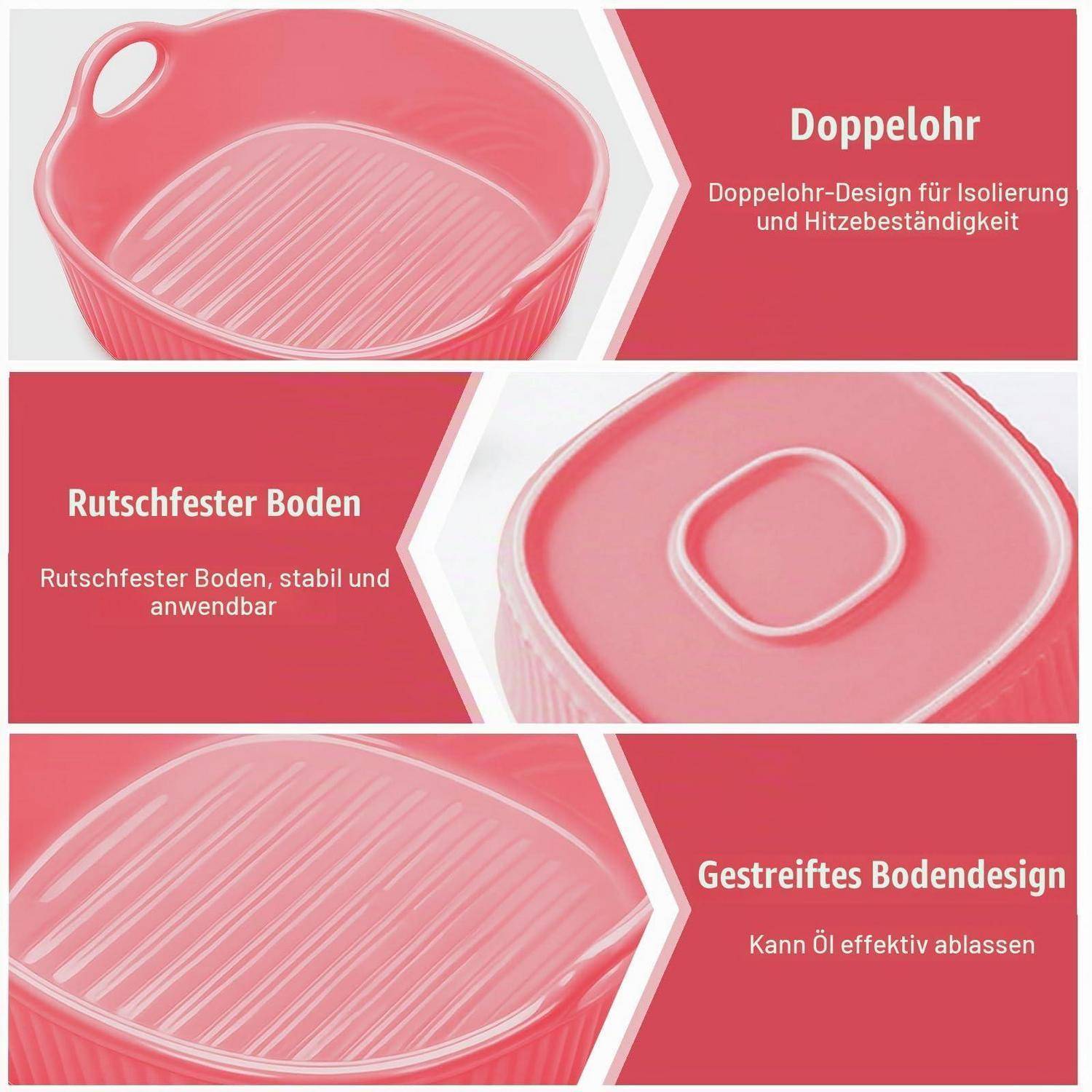 Infografik eines rosa Behälters mit Hervorhebung der Merkmale: Doppelwandisolierung und Hitzebeständigkeit, rutschfester Boden und gerillte Basis zum Ablassen von Öl.