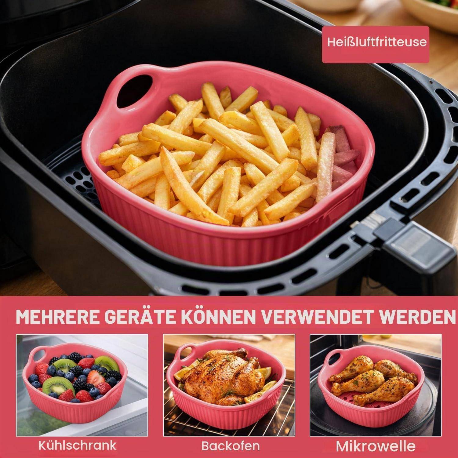 Rosa Heißluftfritteusen-Korb gefüllt mit Pommes frites, mit eingefügten Beispielen, die dasselbe Gericht zeigen, das im Kühlschrank, Ofen und in der Mikrowelle verwendet werden kann.