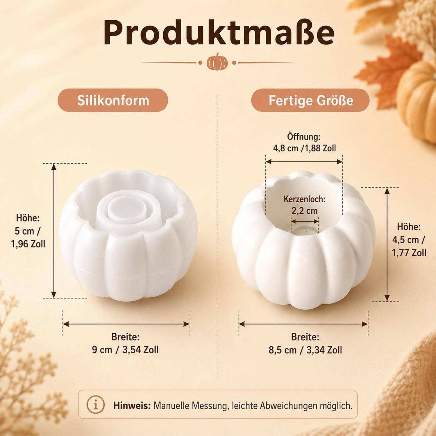 Produktgröße-Infografik zum Vergleich von Silikonform und fertigem Produkt: Die Form ist 5 cm hoch und 9 cm breit; die fertige Kürbisform ist 4,5 cm hoch, 8,5 cm breit, mit 4,8 cm Öffnung und 2,2 cm Kernloch.