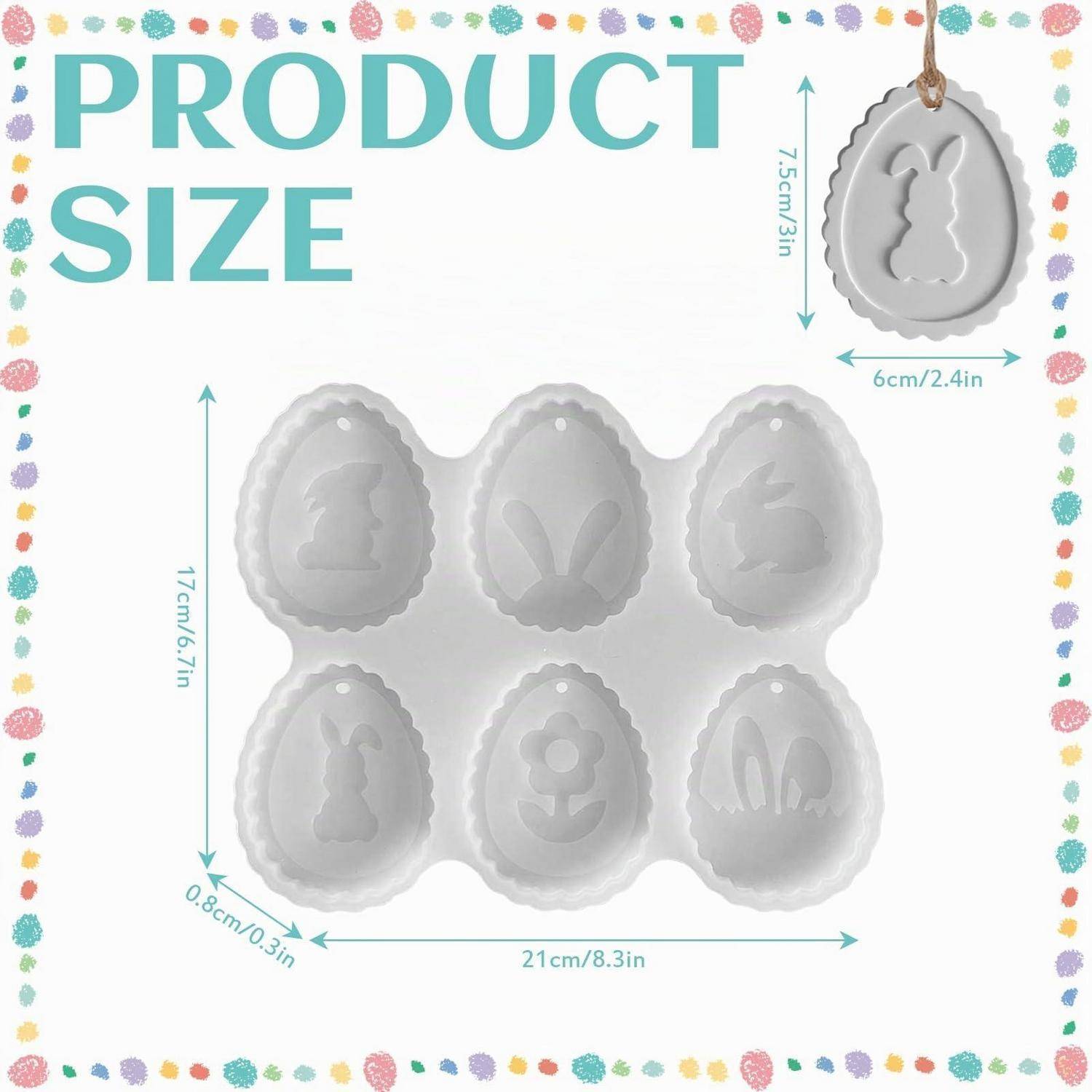 Produktgrößendiagramm mit sechs osterthematischen Silikonformen, die in einem 21 cm mal 17 cm großen Tablett angeordnet sind, mit einer Beispielform von 7,5 cm Höhe und 6 cm Breite.