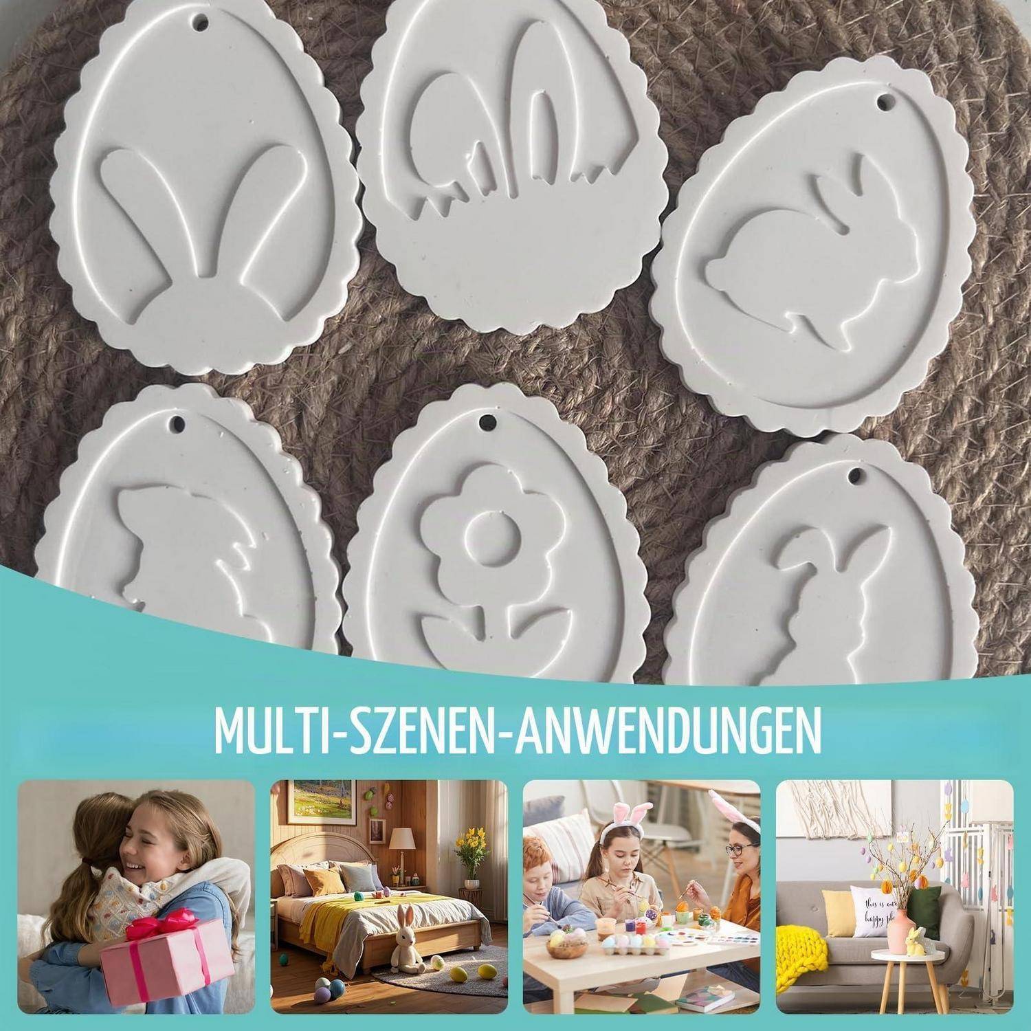 Weiße, in Osterform gestaltete Hängezierrate/Formen auf gewebtem Hintergrund, mit einem Banner, das „MULTI-SZENEN-ANWENDUNGEN