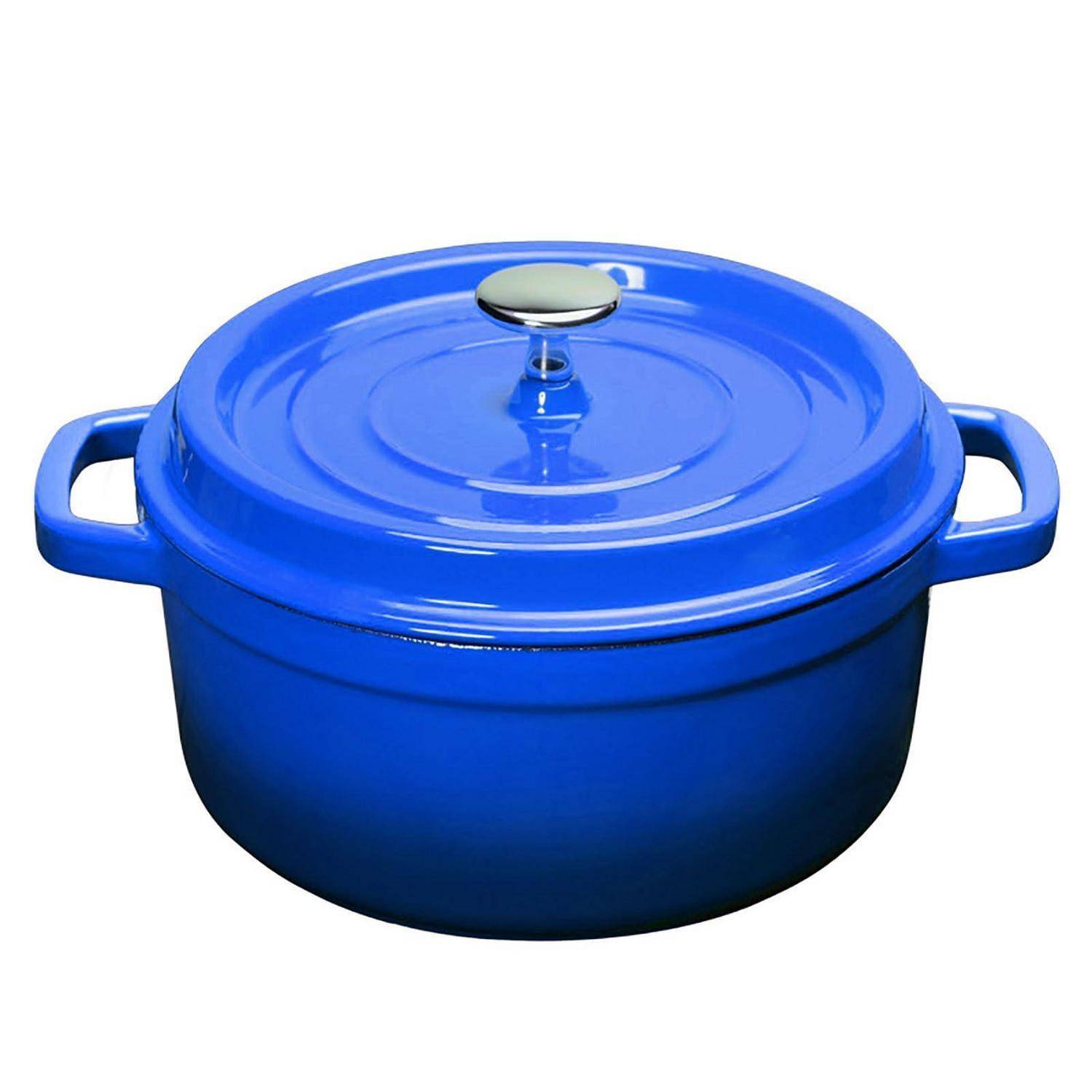 Blauer Deckel aus Gusseisen Dutch Oven mit Seitengriffen, gezeigt auf weißem Hintergrund.