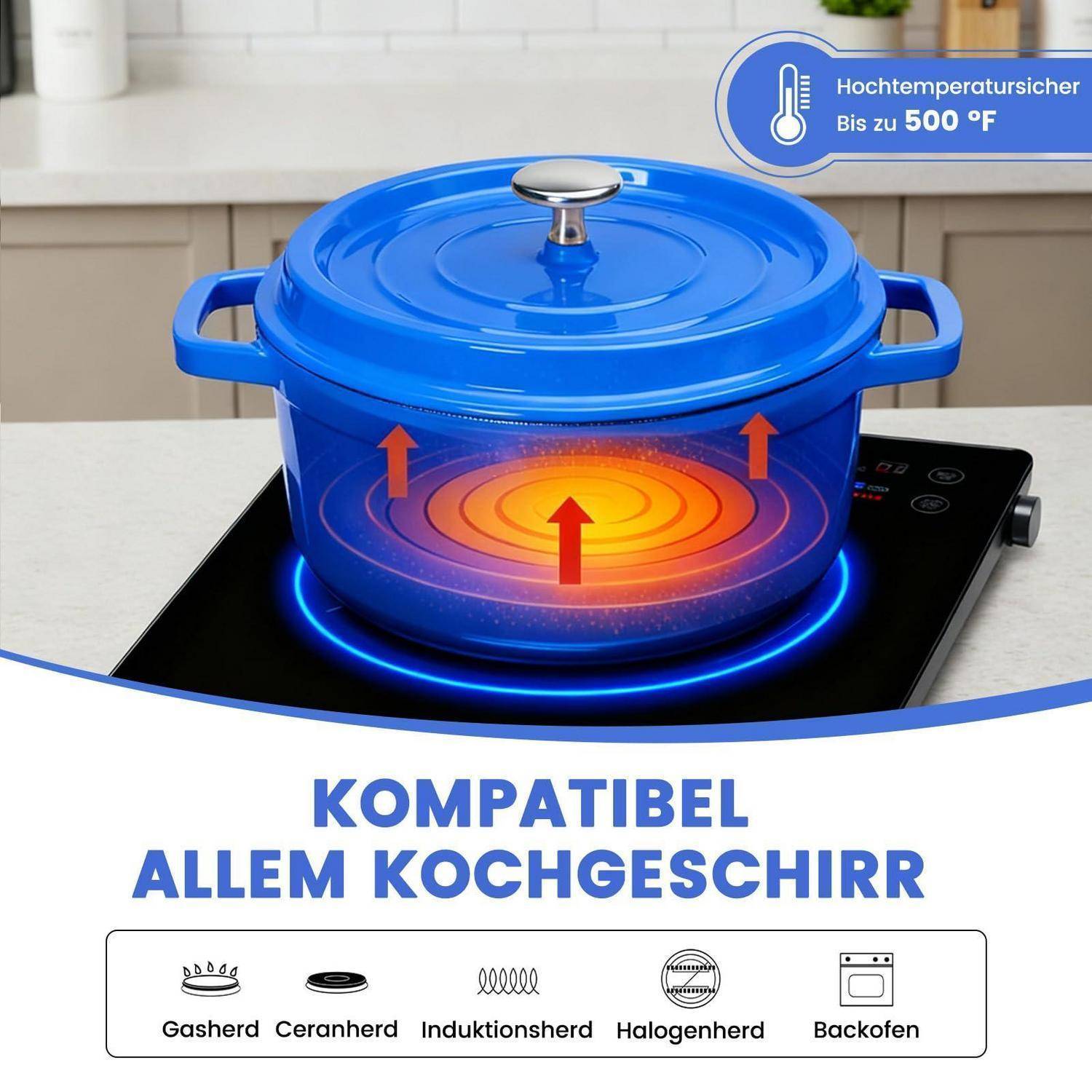 Topf mit blauem Deckel auf einem Induktionskochfeld mit Wärmepfeilen; der Text besagt, dass er mit allen Kochgeschirren kompatibel ist, einschließlich Gas, Keramik, Induktion, Halogen und Ofen.