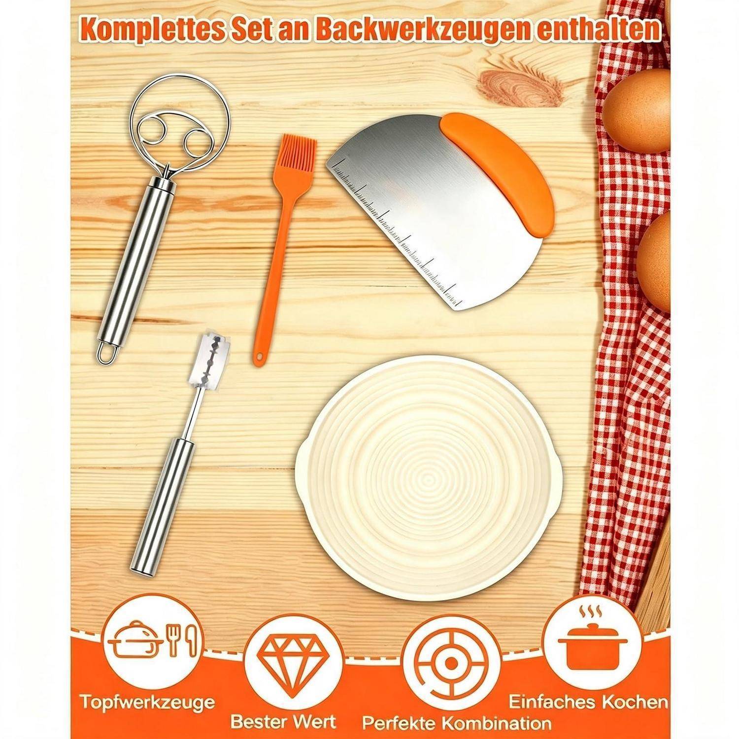 Deutsches Backwerkzeug-Set auf einer Holzoberfläche, das einen Schneebesen, einen Teigschaber, einen Pinsel, eine Schüssel und Eier mit den Beschriftungen „Topfwerkzeuge", „Bester Wert"", „Perfekte Kombination"", „Einfaches Kochen"" zeigt.