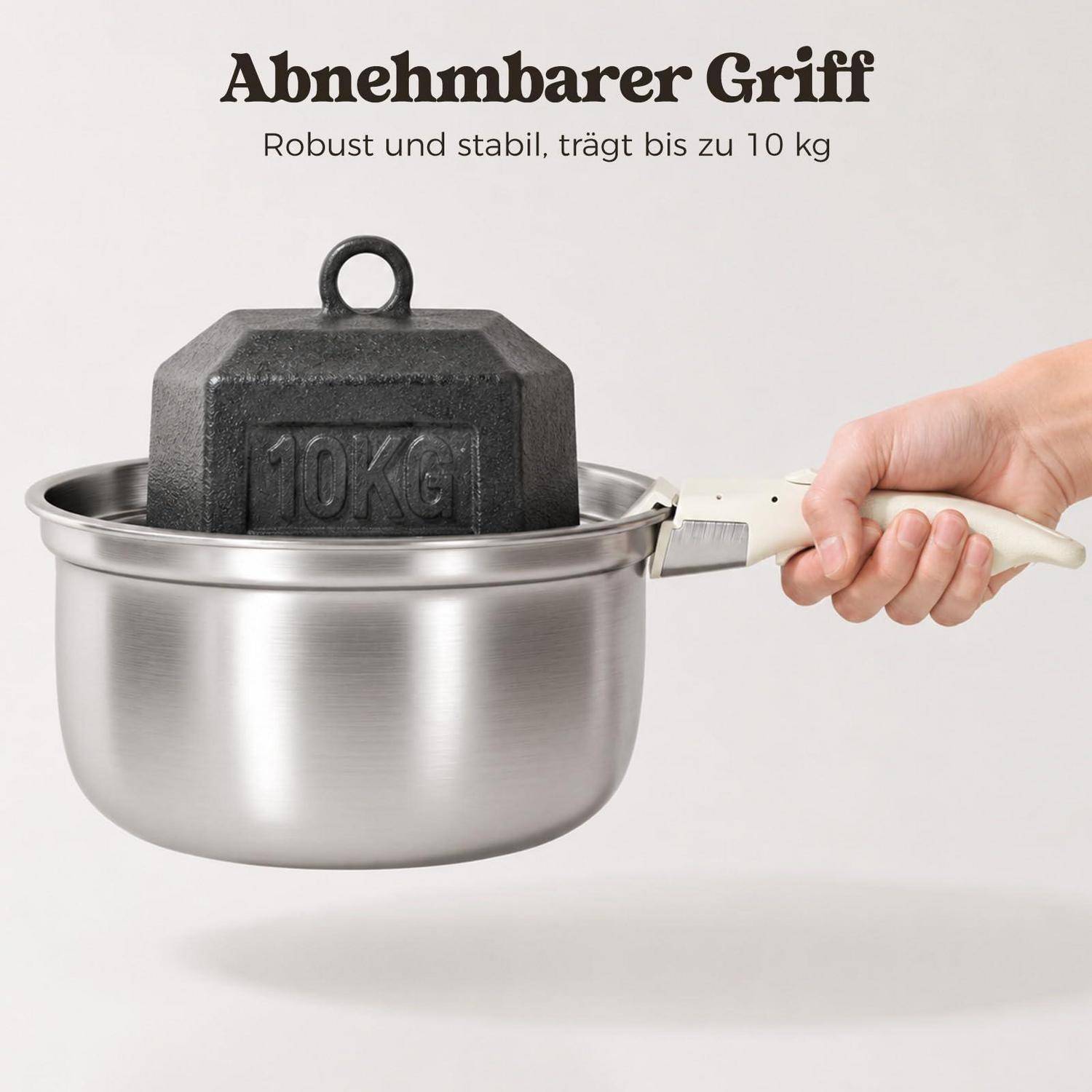Produktbild eines abnehmbaren Griffes, der einen Topf mit einem Gewicht von 10 kg hält, beschriftet auf Deutsch mit „Abnehmbarer Griff