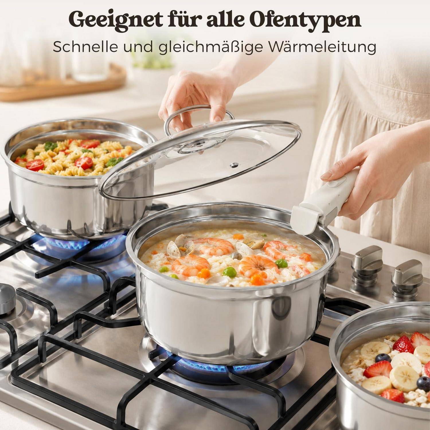 Edelstahltöpfe, die auf Gasbrenner kochen, mit deutschem Text „Geeignet für alle Ofentypen