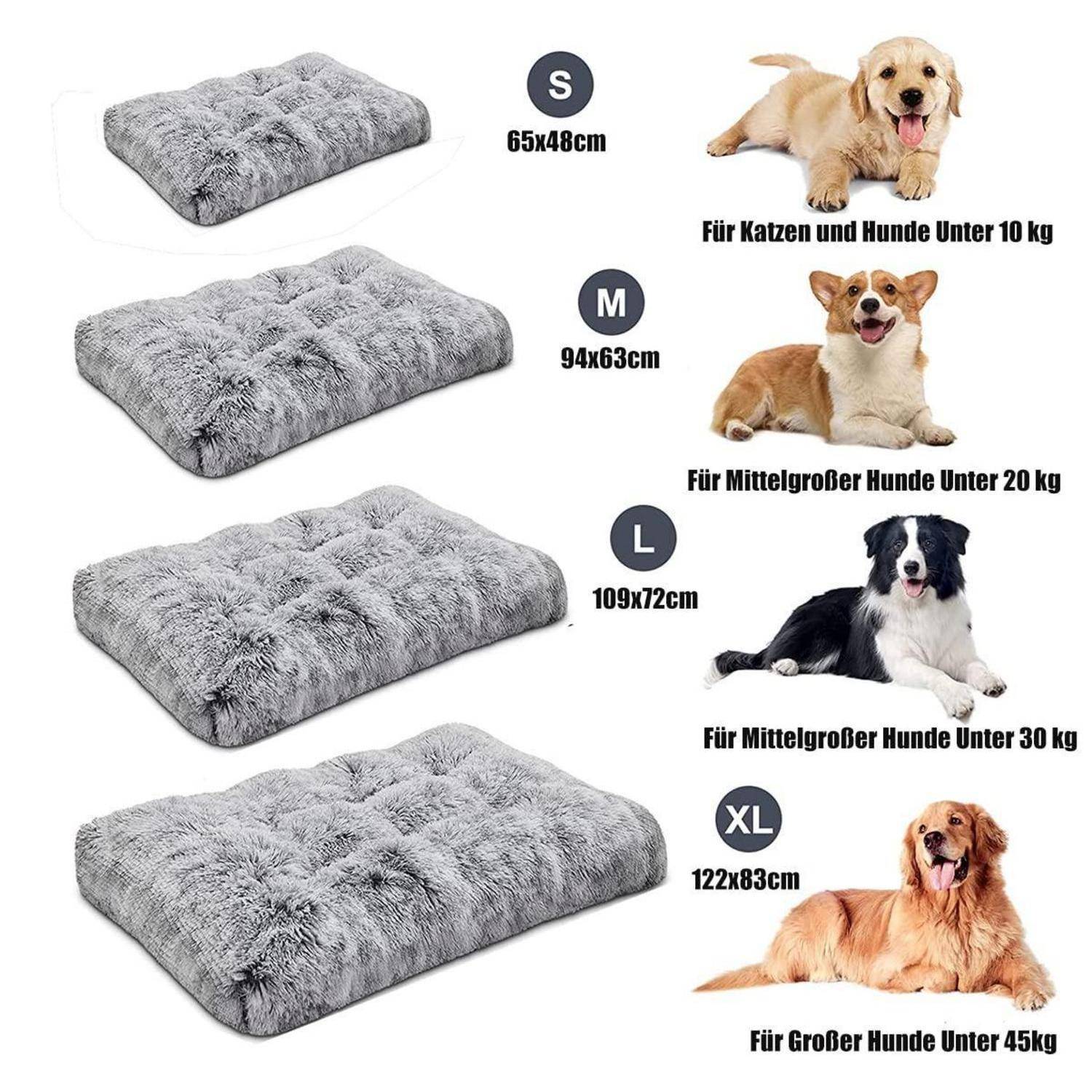 Größentabelle für kuschelige Haustierbetten: S 65x48 cm für Katzen und Hunde unter 10 kg, M 94x63 cm unter 20 kg, L 109x72 cm unter 30 kg, XL 122x83 cm unter 45 kg.
