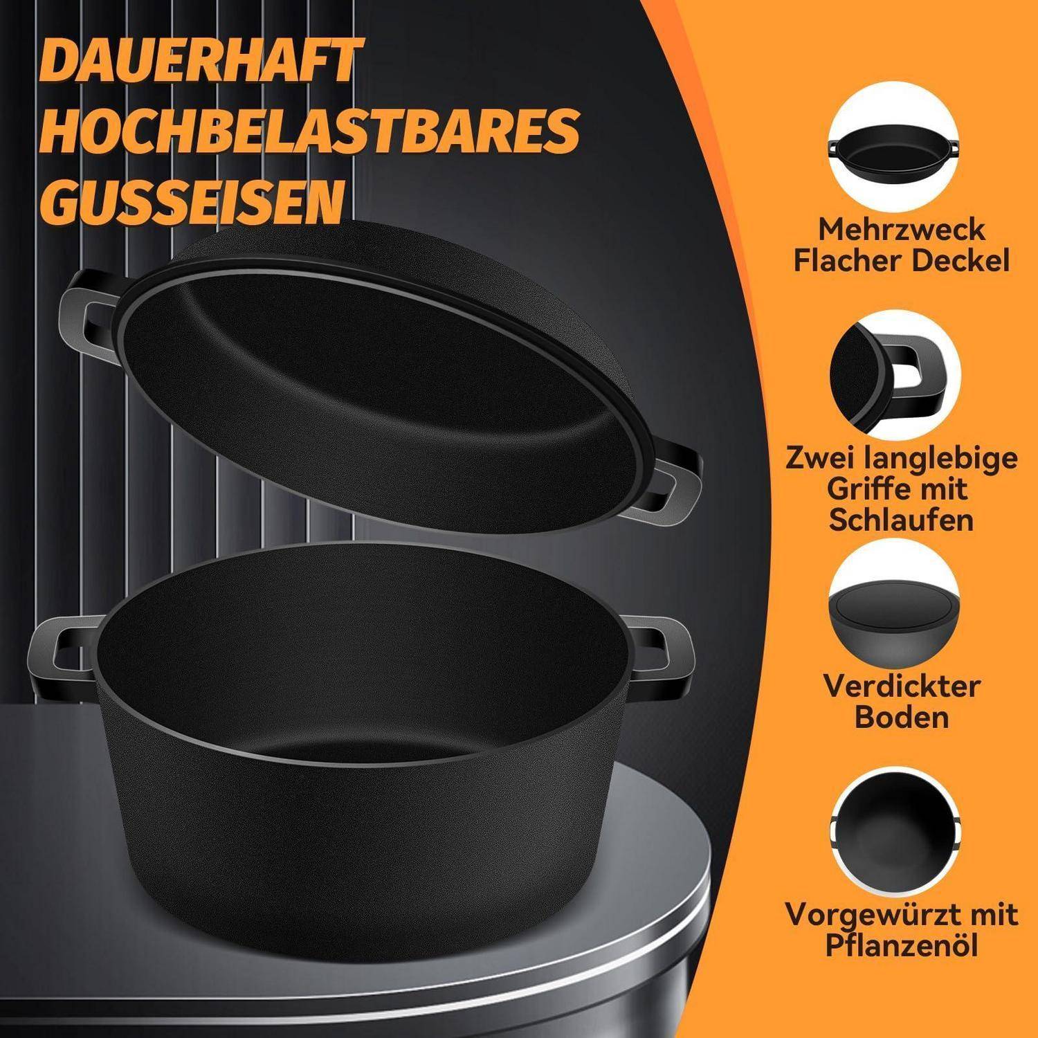 Gusseisen Topf Dutch Oven 26cm 4,7L Brotbackform mit Deckel