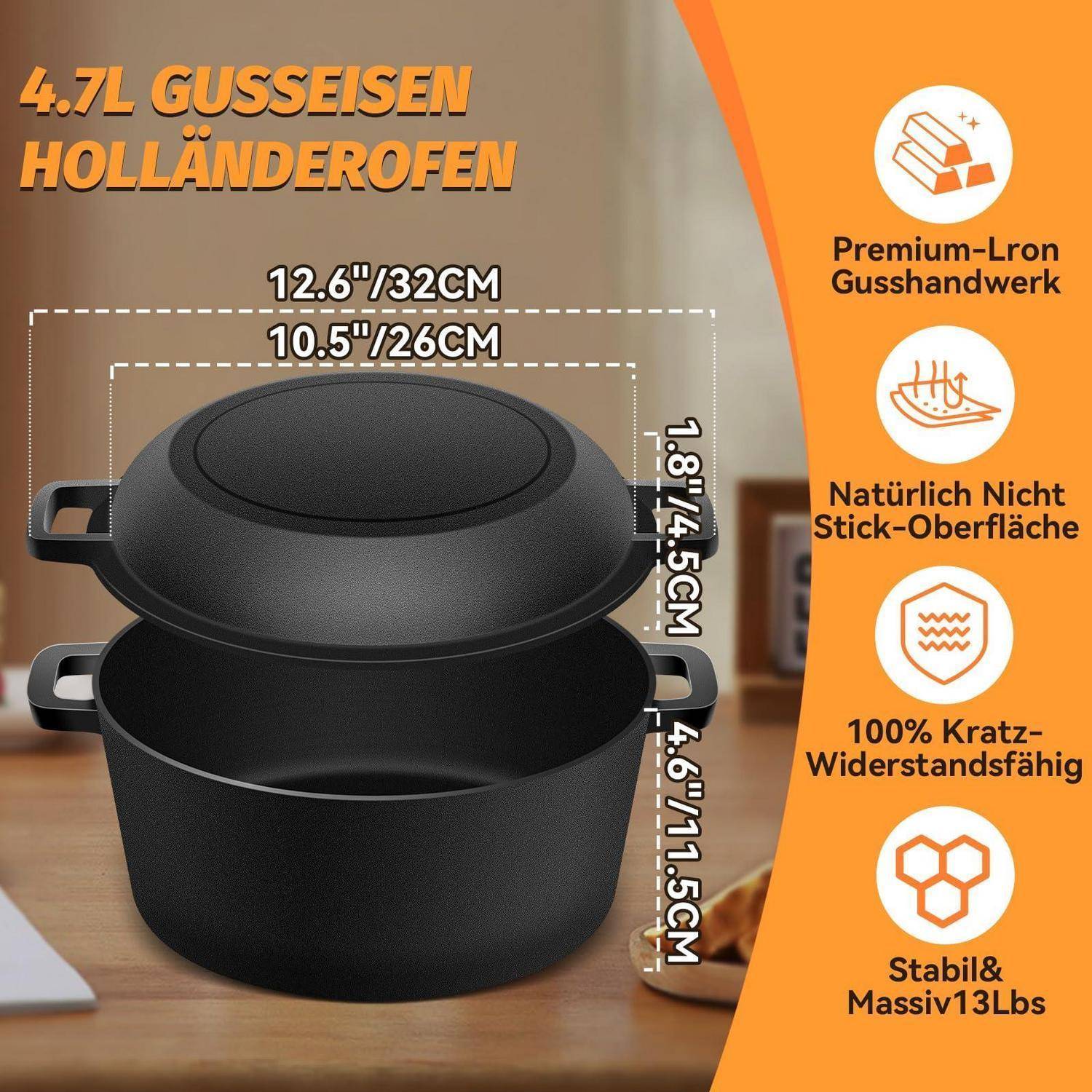 Werbebild eines 4,7-Liter-Gusseisen-Bräters mit Deckel, mit den Abmessungen 32 cm x 26 cm und wichtigen Merkmalen: hochwertige Eisenverarbeitung, antihaftbeschichtet, kratzfest und robuste 13-Pfund-Konstruktion.