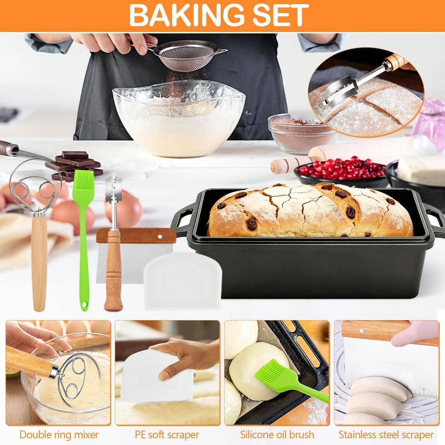 Promotional-Collage eines Backsets mit Mischgeräten, Silikonpinsel, Schabern, Schneebesen und Kastenform mit Brot, die die Verwendung zum Backen in der Küche zeigt.