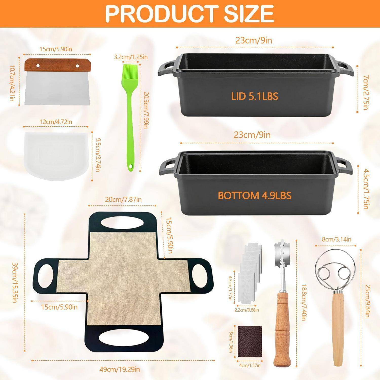 Größentabelle für Produkte, die einen 23 cm/9 Zoll schwarzen Lagerbehälter mit Deckel und Boden zeigt, sowie mitgelieferte Zubehörteile und Abmessungen für einen Schaufel, Clip und eine Falttasche.
