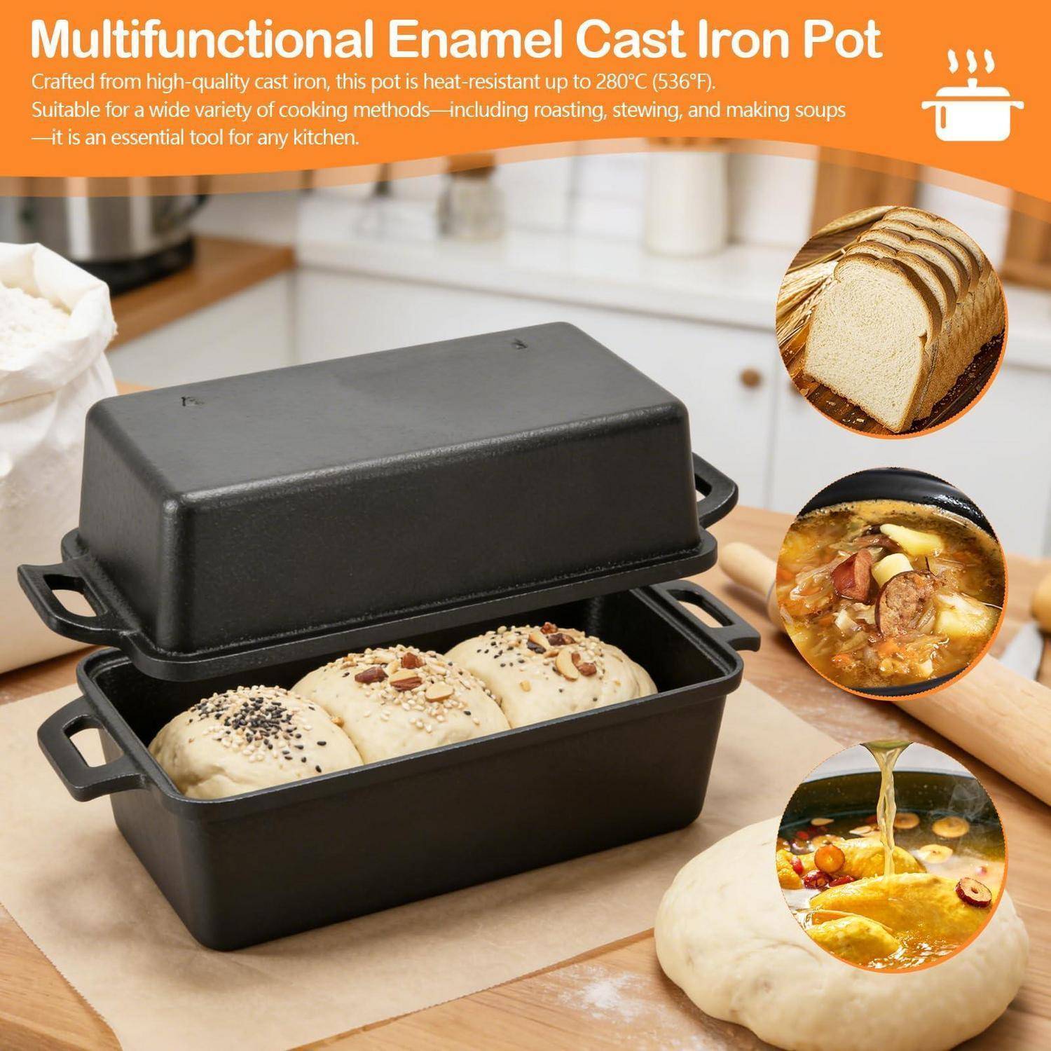 Anzeige für einen „Multifunktionalen Emaille-Gusseisen-Topf" mit offenen Deckel, der Brotbacken zeigt; der Text besagt, dass er hitzebeständig bis 280°C ist und sich zum Braten, Schmoren und Suppenkochen eignet.
