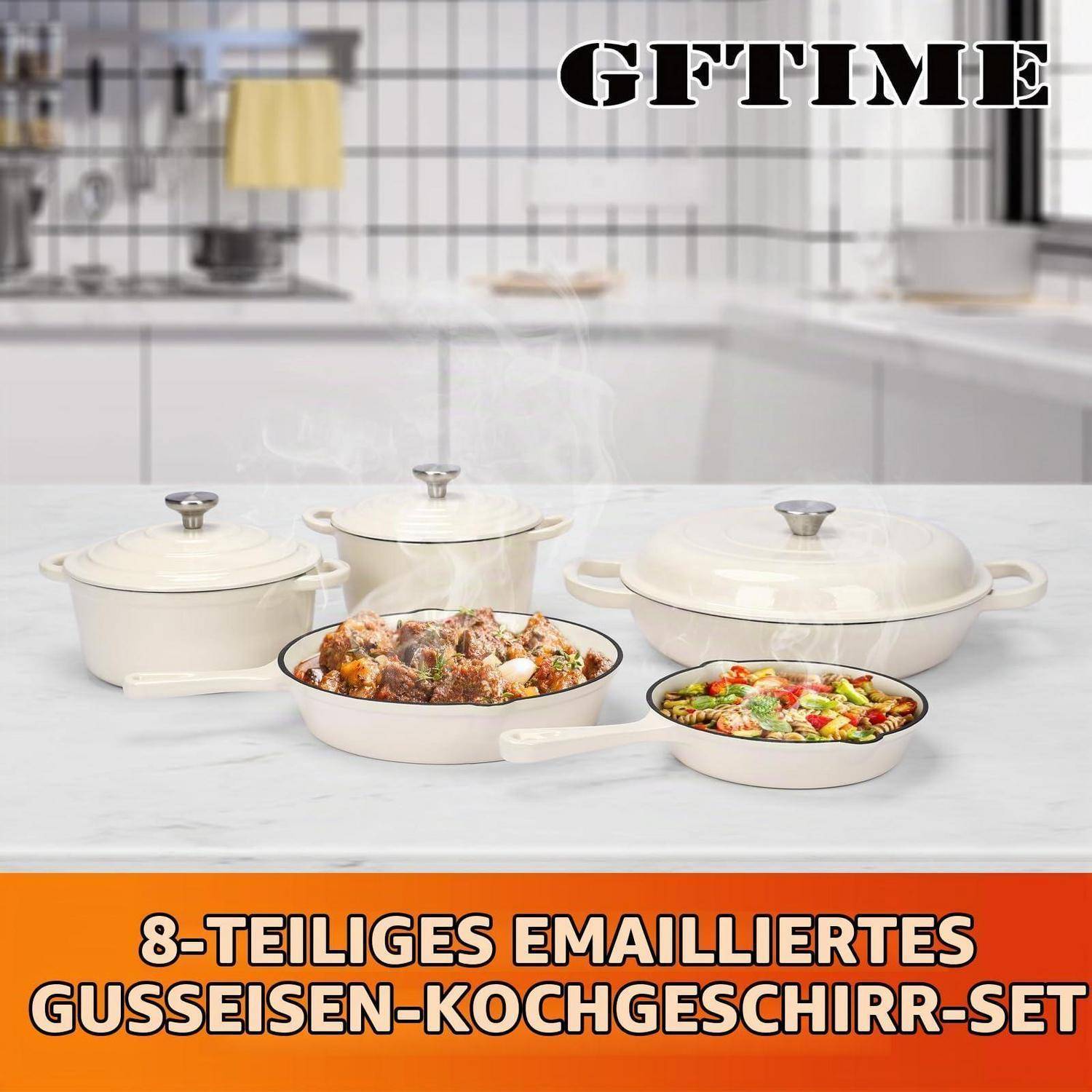 GFTIME Emaille Gusseisen Kochgeschirr Set 8-teilig Weiß