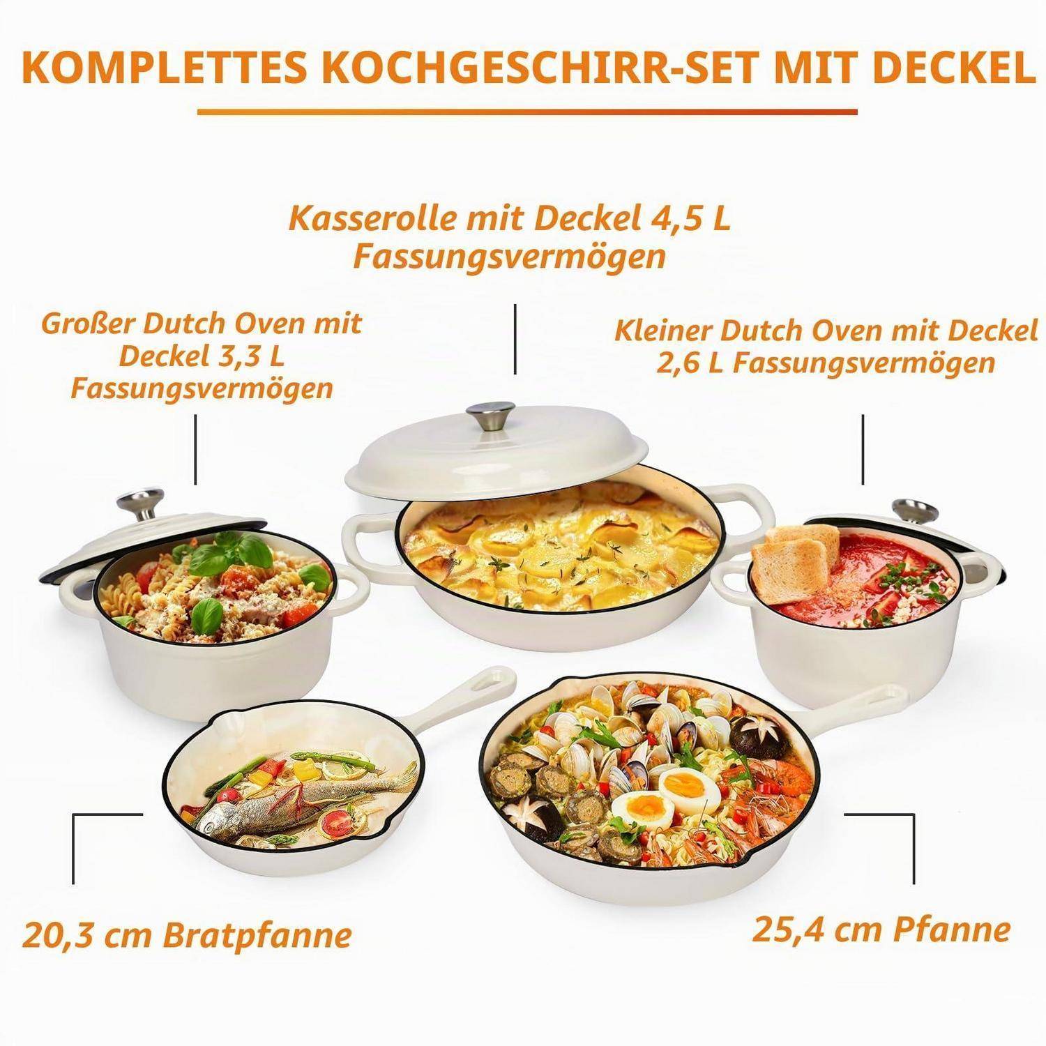 Deutsches Kochgeschirr-Set mit Deckel: Bräter 4,5 L, Bräter 3,3 L und 2,6 L, 20,3 cm Bratpfanne und 25,4 cm Pfanne, gezeigt mit zubereiteten Gerichten.