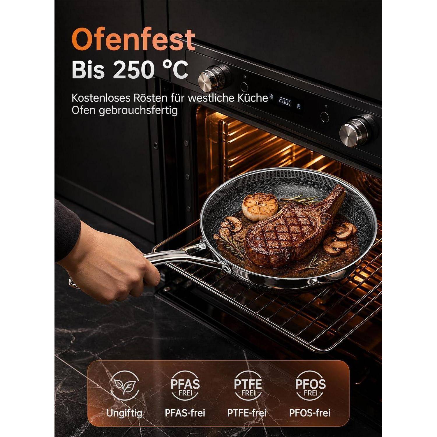 Deutsches Ofen-Promo-Bild, das ein Steak und Pilze zeigt, die in einer Pfanne im Ofen garen, mit dem Text „Ofenfest bis 250 °C" und Angaben zur PFAS-, PTFE- und PFOS-Freiheit.