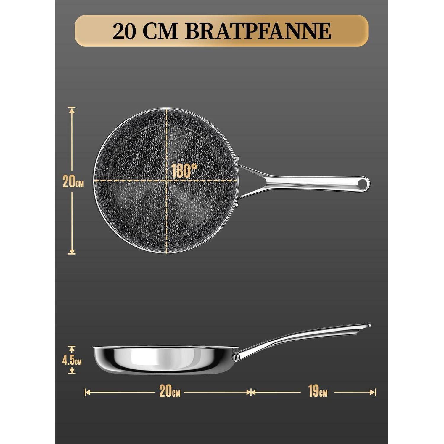 Diagramm einer 20 cm Pfanne mit Draufsicht und Seitenansicht mit Maßen: 20 cm Durchmesser, 4,5 cm Tiefe, 19 cm Griff und 180° Pfannenwinkel.