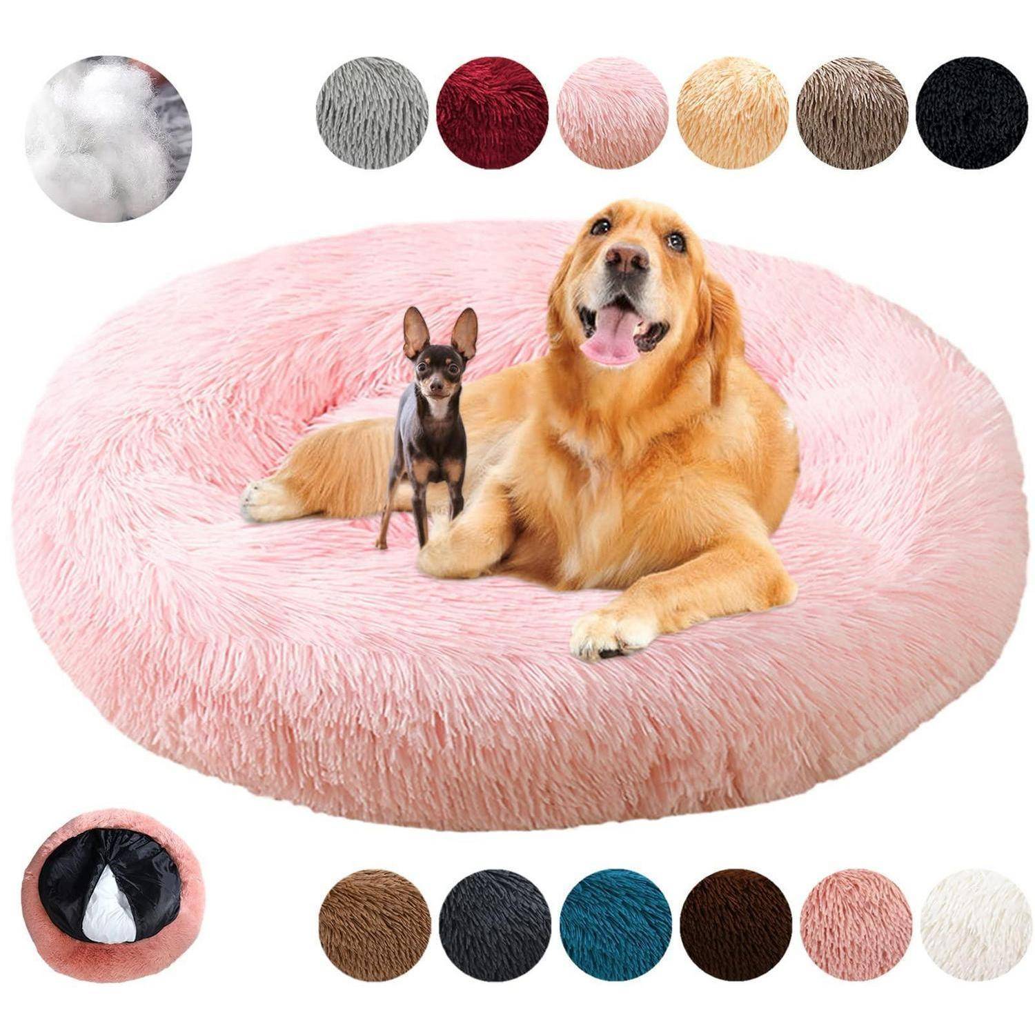 Weiches rosa ovales Haustierbett gezeigt mit zwei Hunden; Farbmuster oben und unten zeigen verfügbare Farben und ein abnehmbarer Bezug mit Reißverschluss-Detail.
