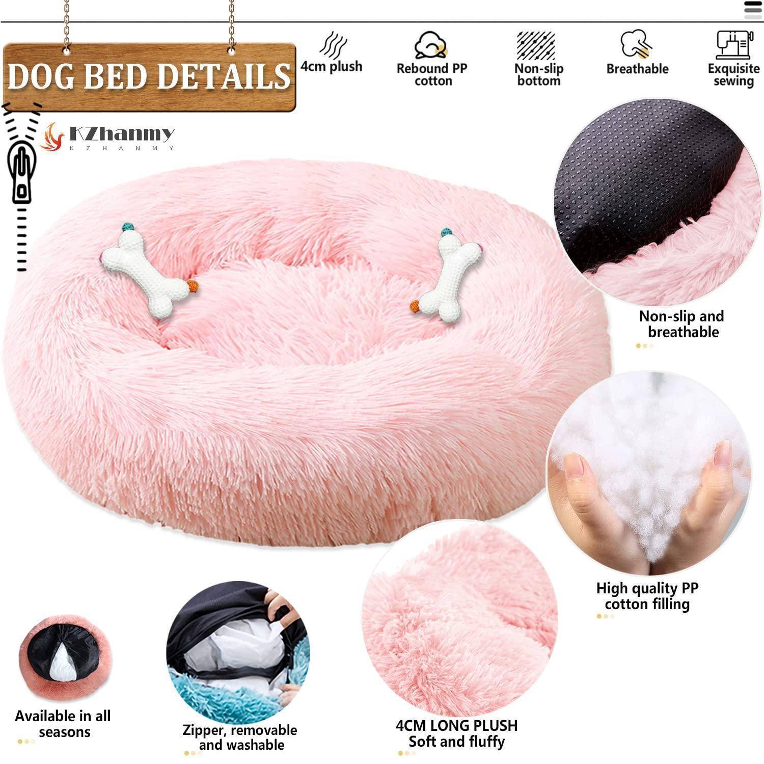 Rosafarbenes rundes Hundebett mit Plüschstoff und Knochenspielzeugen, das 4cm Plüsch, PP-Baumwollfüllung, rutschfesten Boden, Atmungsaktivität und waschbarem Reißverschlussbezug hervorhebt.