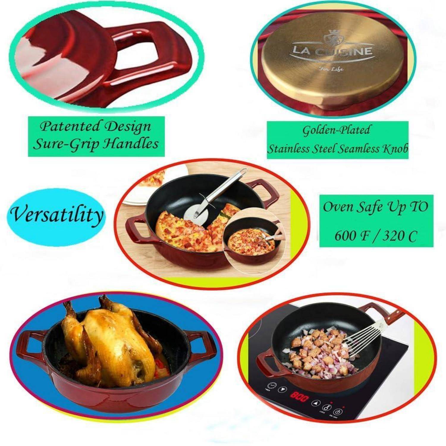 Werbekollage eines roten Kochtopfs mit patentierten Sure-Grip-Griffen, vergoldetem Edelstahlknauf, Ofensicherheit bis 600 °F/320 °C und vielseitiger Verwendung zum Backen, Braten und Kochen auf der Kochplatte.