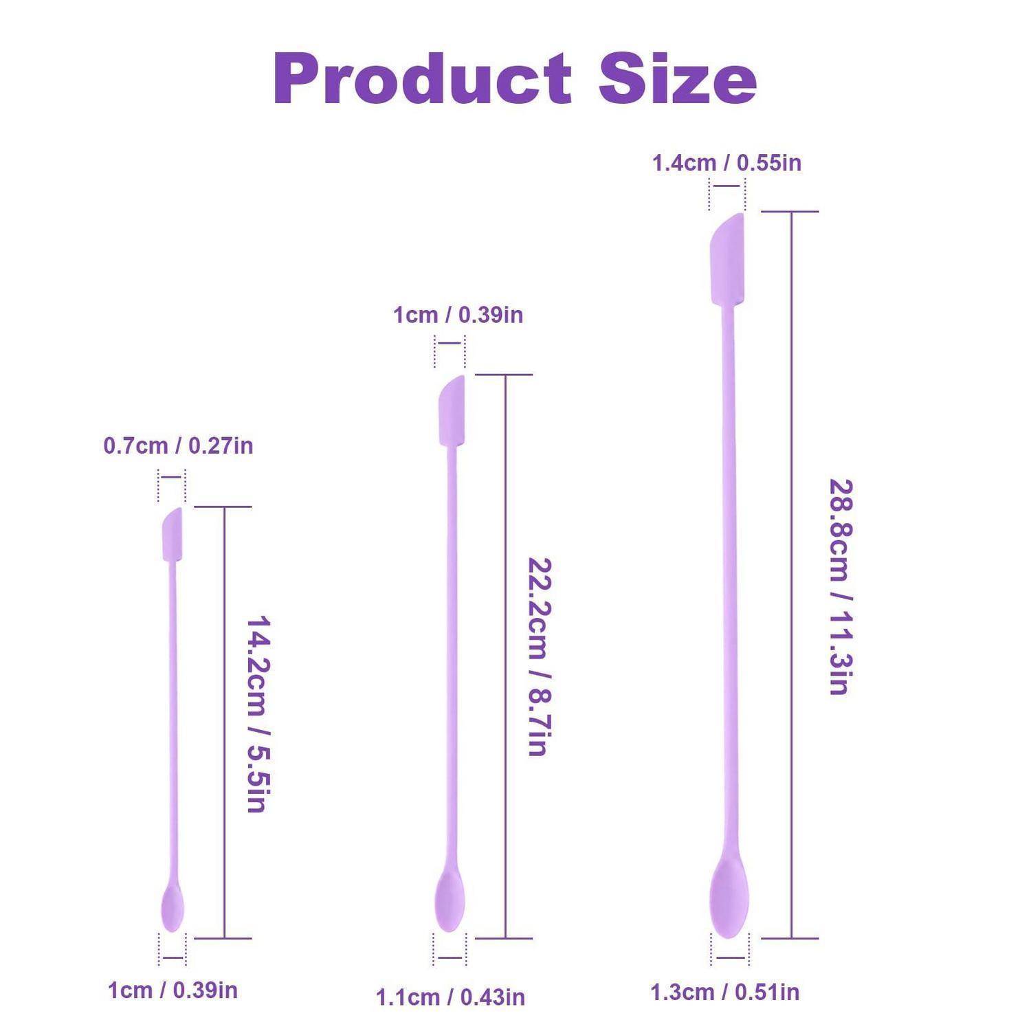 Produktgrößentabelle mit drei violetten Tupfern in den Größen 14,2cm, 22,2cm und 28,8cm, mit Spitzenbreiten von 0,7cm, 1cm und 1,4cm sowie Griffbreiten von 1cm, 1,1cm und 1,3cm.