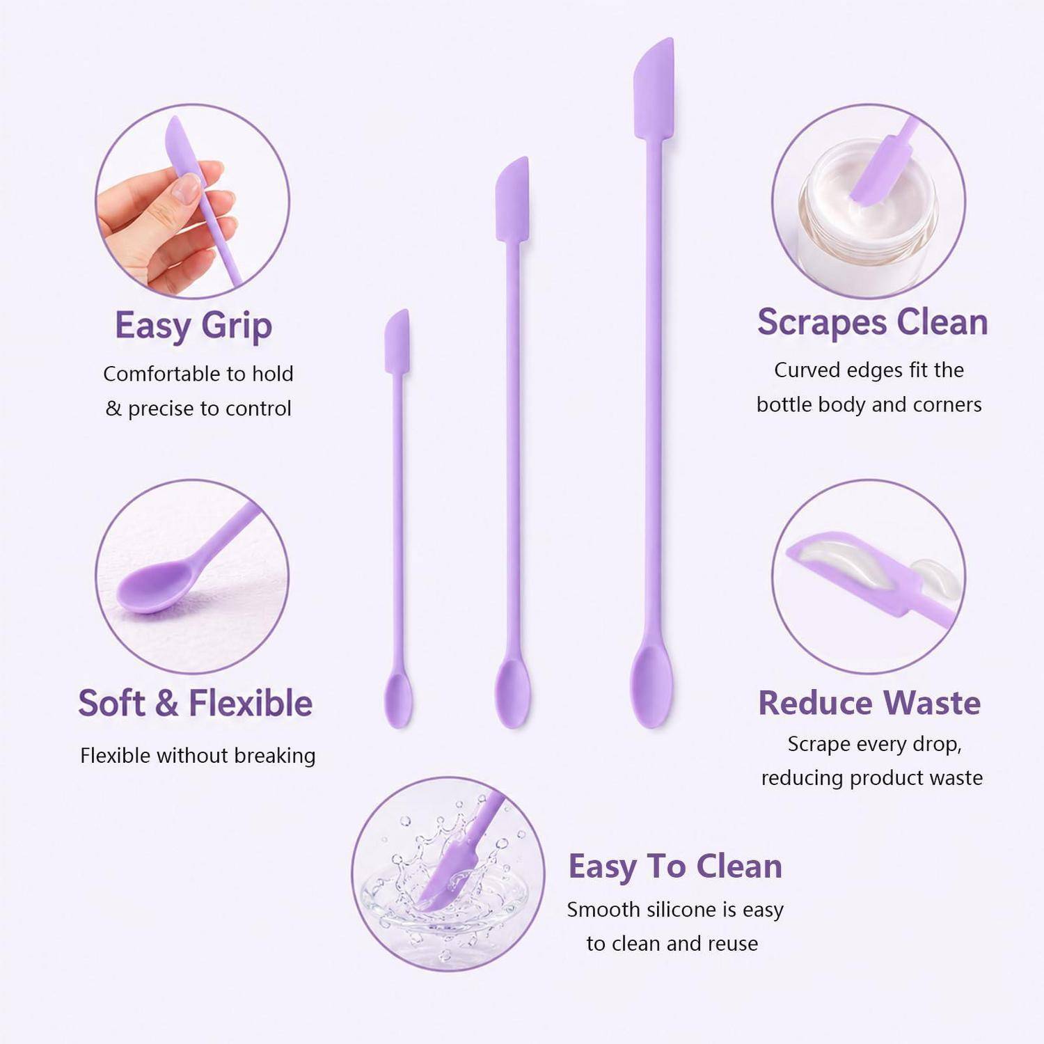 Infografik eines violetten Silikonschabers/Spatels mit folgenden Merkmalen: ergonomischer Griff, weich und flexibel, kratzt sauber, reduziert Verschwendung und einfach zu reinigen.