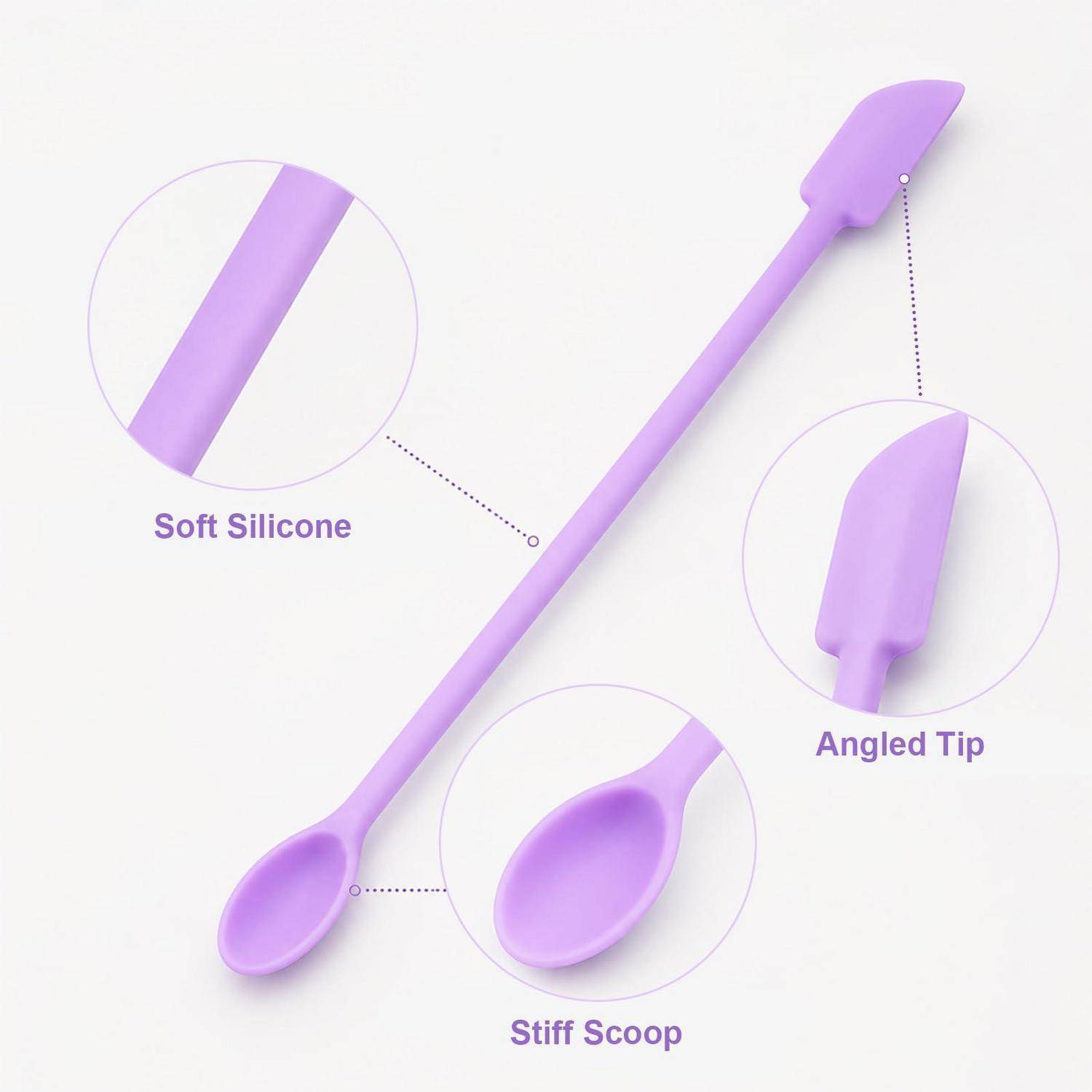 Lila Silikon-Schaufel-Spachtel mit abgewinkelter Spitze und steifer Schaufel, dargestellt mit Beschriftungen, die das weiches Silikonmaterial hervorheben.