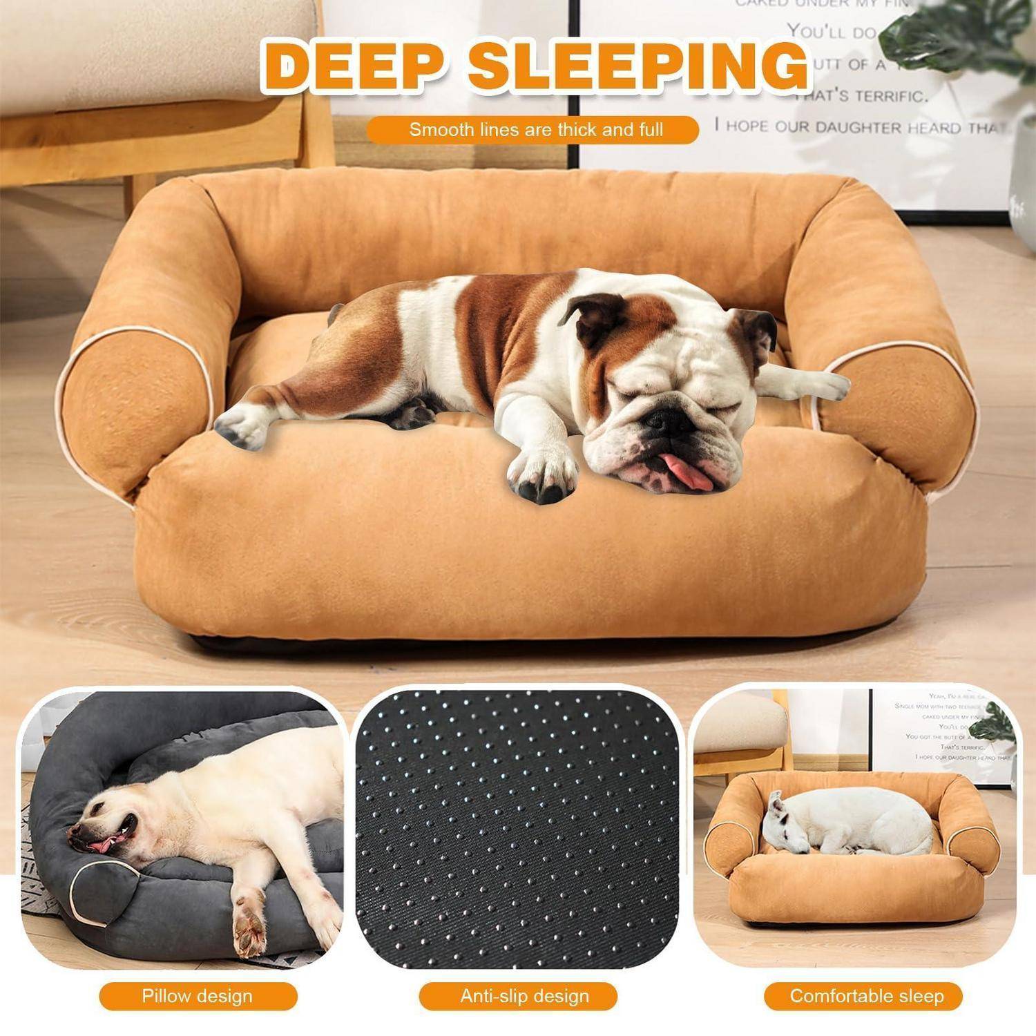 Eine Bulldogge schläft ausgestreckt auf einem beigen Haustiersofabett, mit eingefügten Nahaufnahmen, die das Kissendesign, den rutschfesten Boden und den komfortablen Schlaf hervorheben.