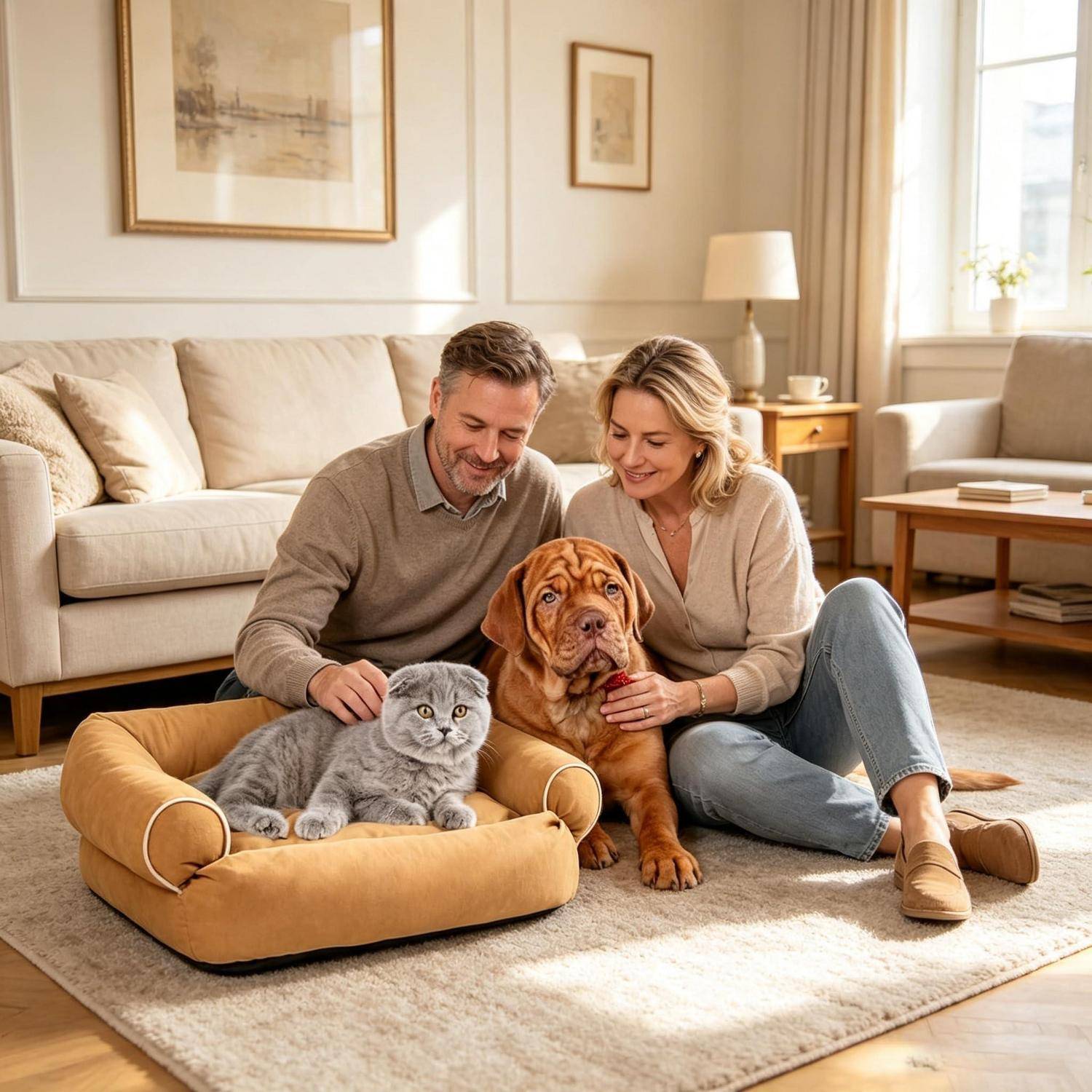 Ein lächelndes Paar sitzt auf dem Wohnzimmerboden und streichelt eine graue Katze und einen braunen Hund neben einem beigen Haustierbett in einem hellen, gemütlichen Zuhause.