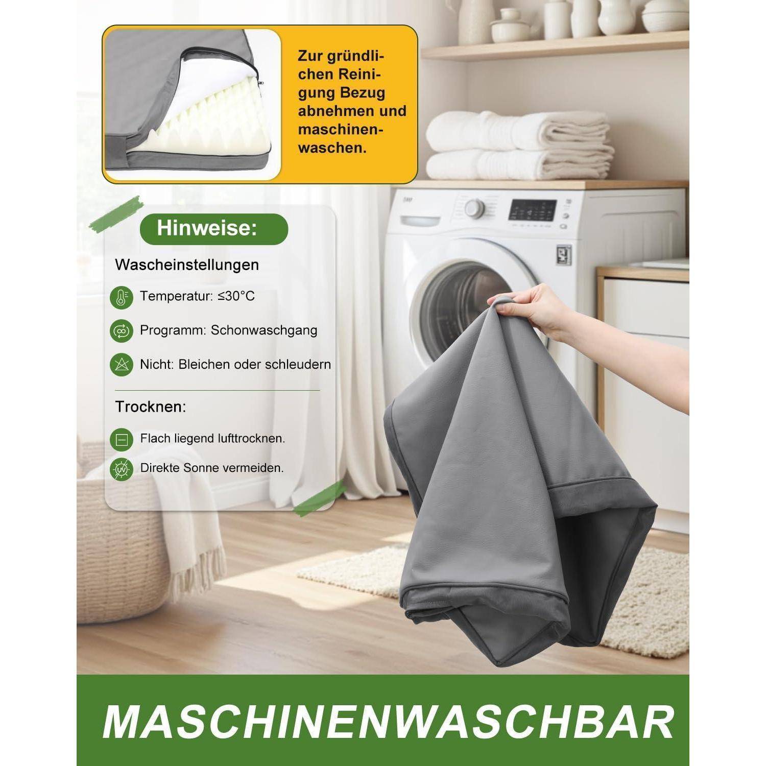 Anleitungsgrafik, die zeigt, wie eine abnehmbare Abdeckung entfernt und in der Maschine gewaschen wird; Hinweise: bei 30°C im Schonwaschgang waschen, nicht bleichen oder schleudern, und flach an der Luft trocknen, entfernt von direkter Sonneneinstrahlung.