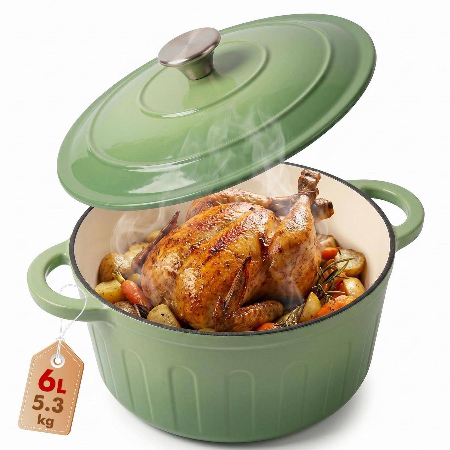 Grüner Bräter mit Deckel mit gegartem Hähnchen und Gemüse, gezeigt mit aufsteigendem Dampf; Etikett gibt eine Kapazität von 6 L, 5,3 kg an.