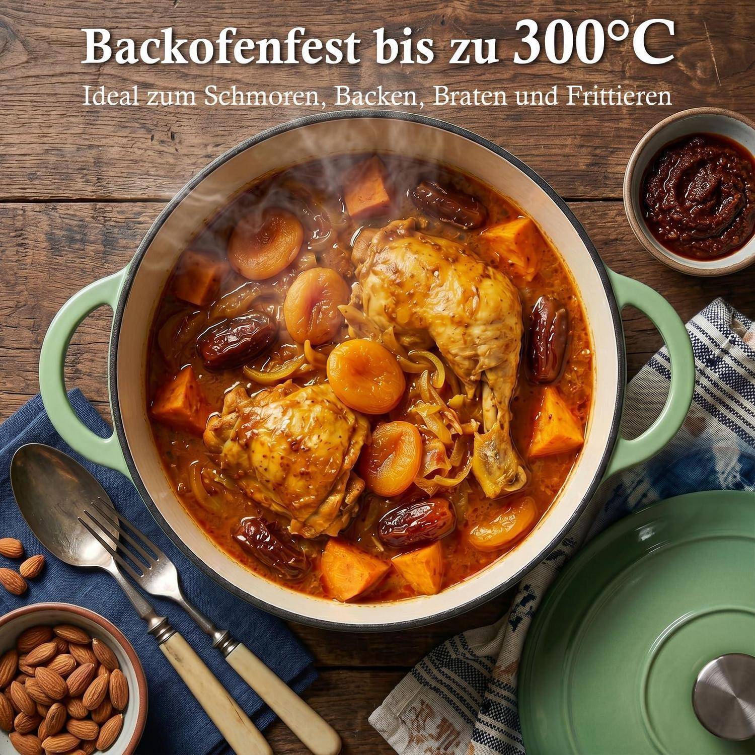 Werbung für ofenfeste Kochgeschirr: Ein Topf mit Hähncheneintopf mit Gemüse auf einem Holztisch, mit deutschem Text „Backofenfest bis zu 300°C" und „Ideal zum Schmoren, Backen, Braten und Frittieren"".